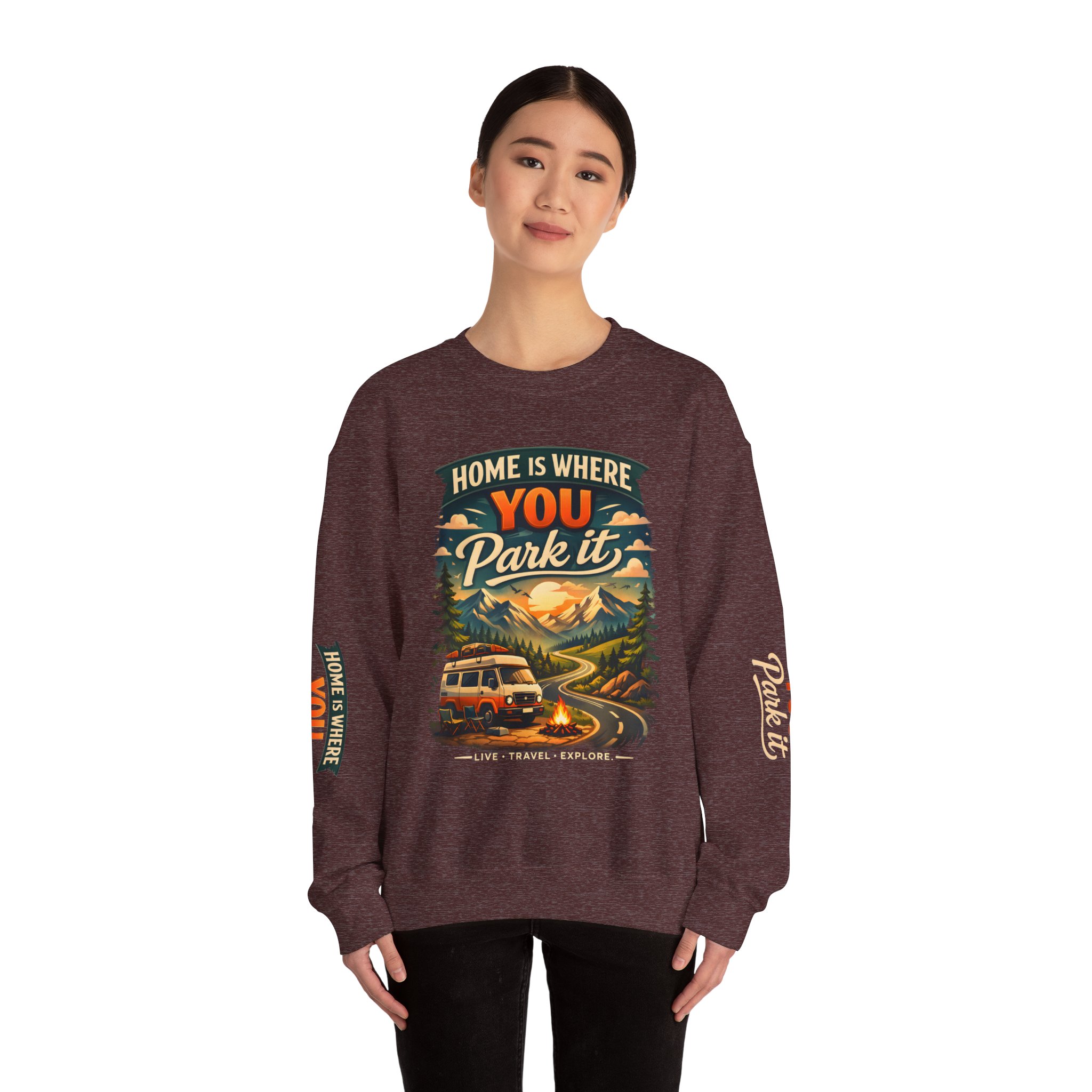 Unisex Heavy Blend™ Crewneck Sweatshirt — "Home Is Where You Park It" Design Scenic-Line