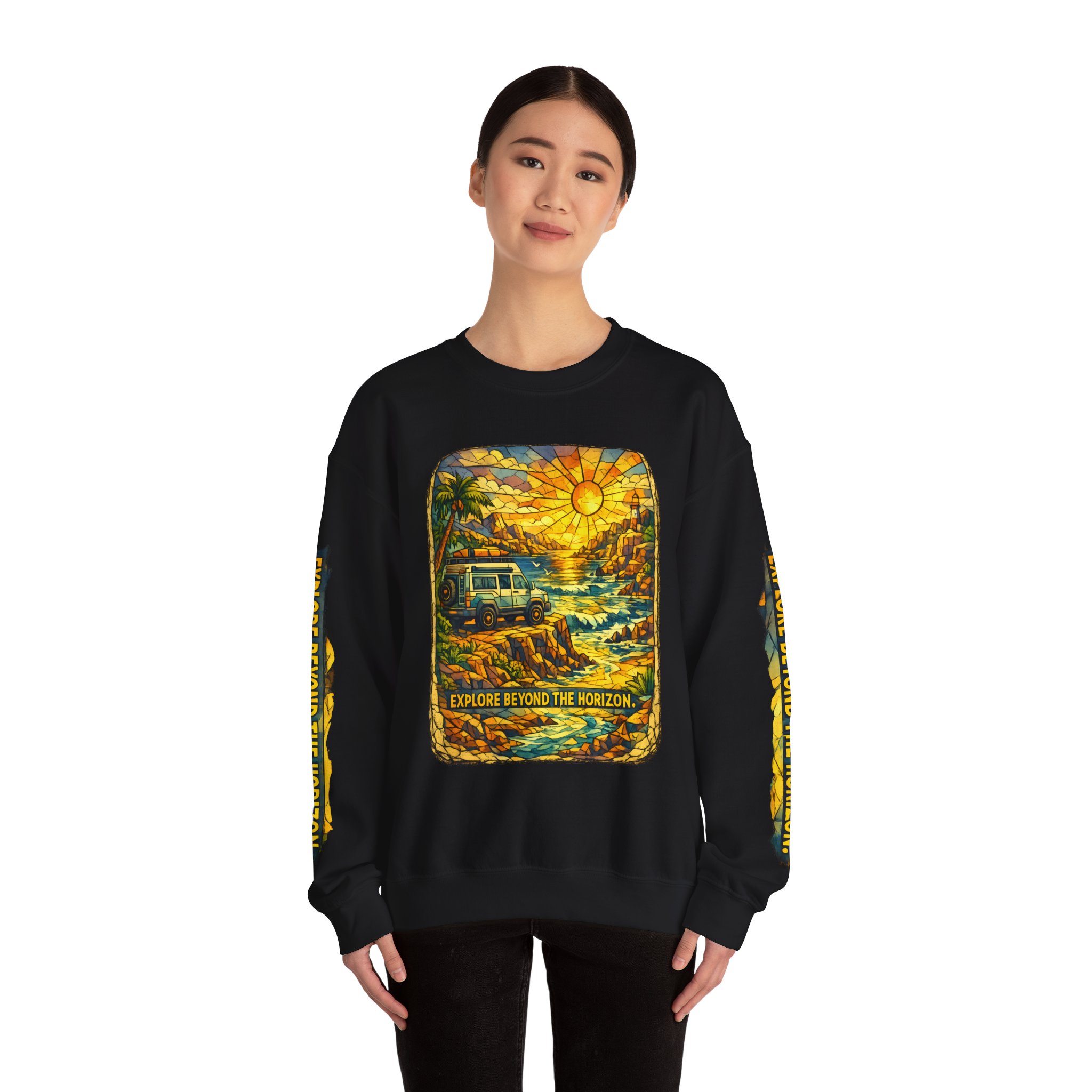 Unisex Heavy Blend™ Crewneck Sweatshirt — "Explore Beyond The Horizon" Design Cubic-Line