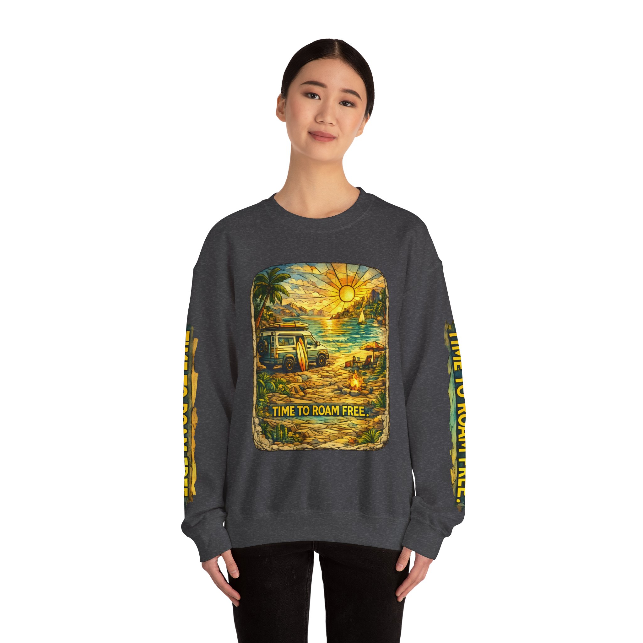 Unisex Heavy Blend™ Crewneck Sweatshirt — "Time To Roam Free" Design Cubic-Line