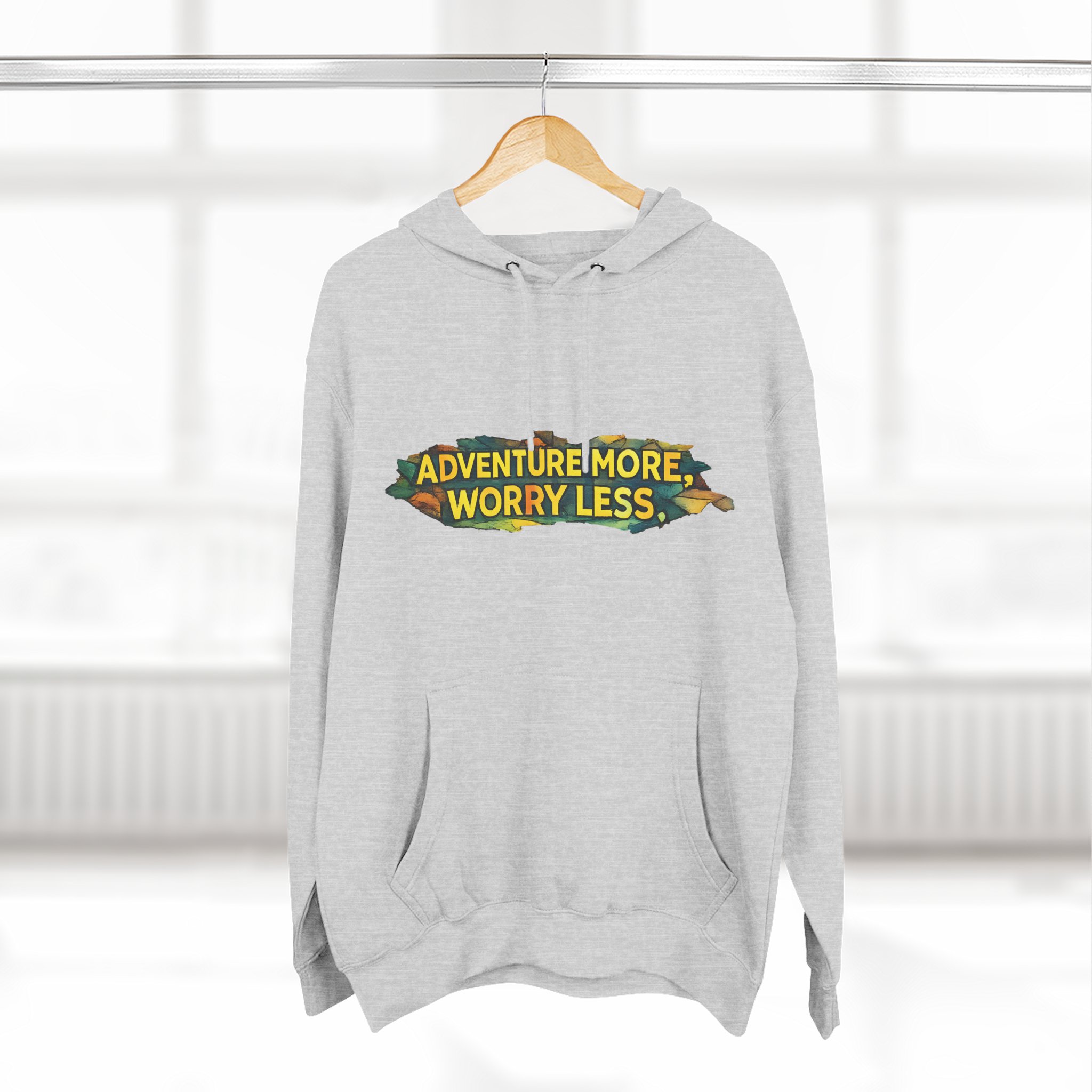 Three-Panel Fleece Hoodie - "Adventure More Worry Less" Design Cubic-Line