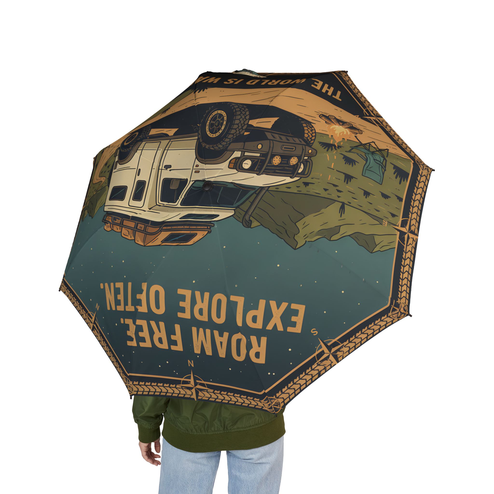 Semi-Automatic Foldable Umbrella — "Roam Free Explore Often-The World Is Waiting" Vintage Adventure Print