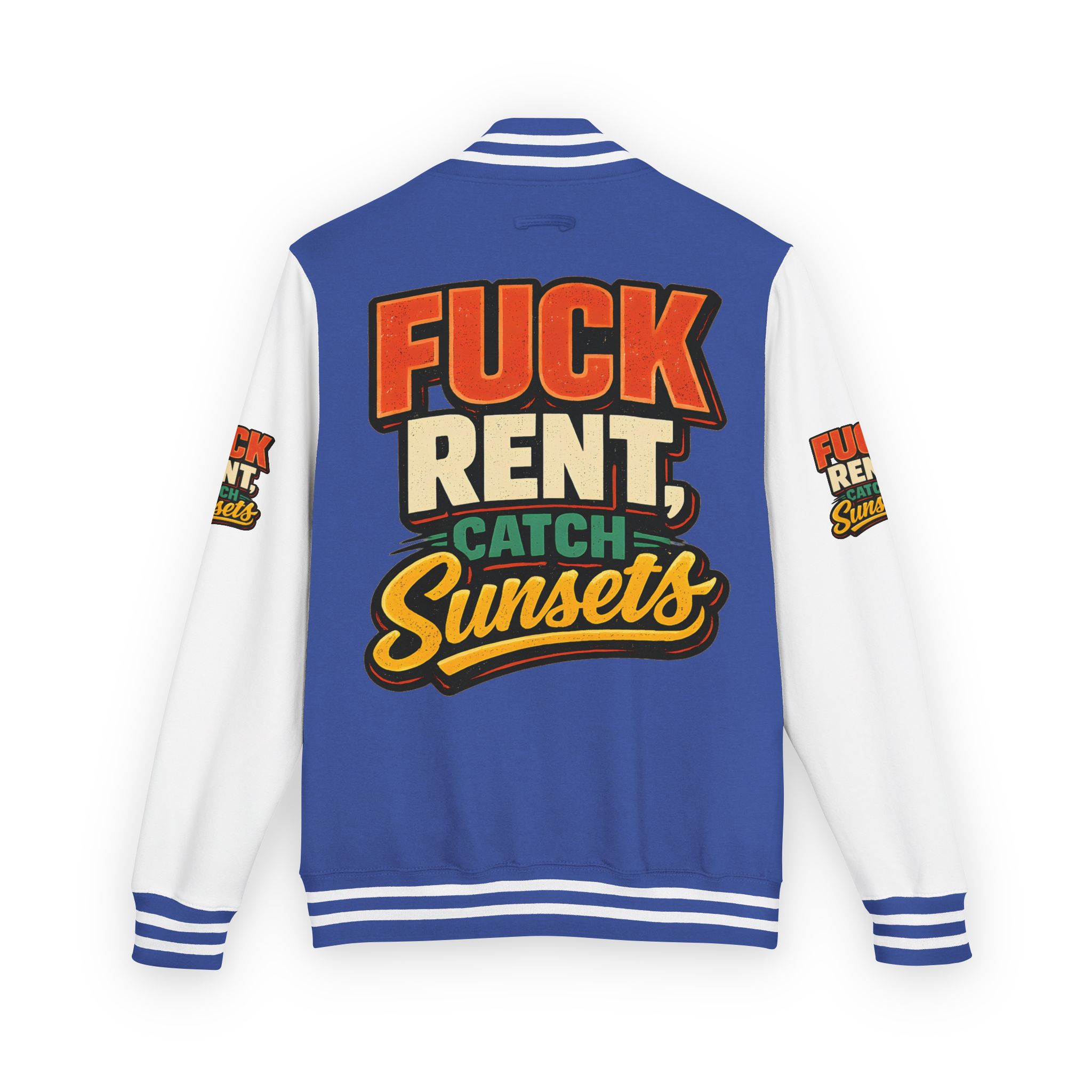 12732390703440604839_2048-2.jpeg Unisex Heavyweight Letterman Jacket — "Fuck Rent Catch Sunsets" Design F**K-Line