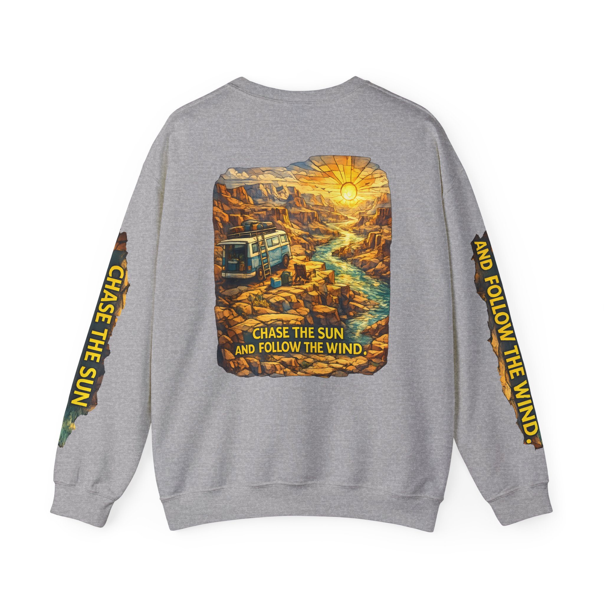1274132913056982368_2048.jpeg Unisex Heavy Blend™ Crewneck Sweatshirt — "Chase The Sun And Follow The Wind" Design Cubic-Line