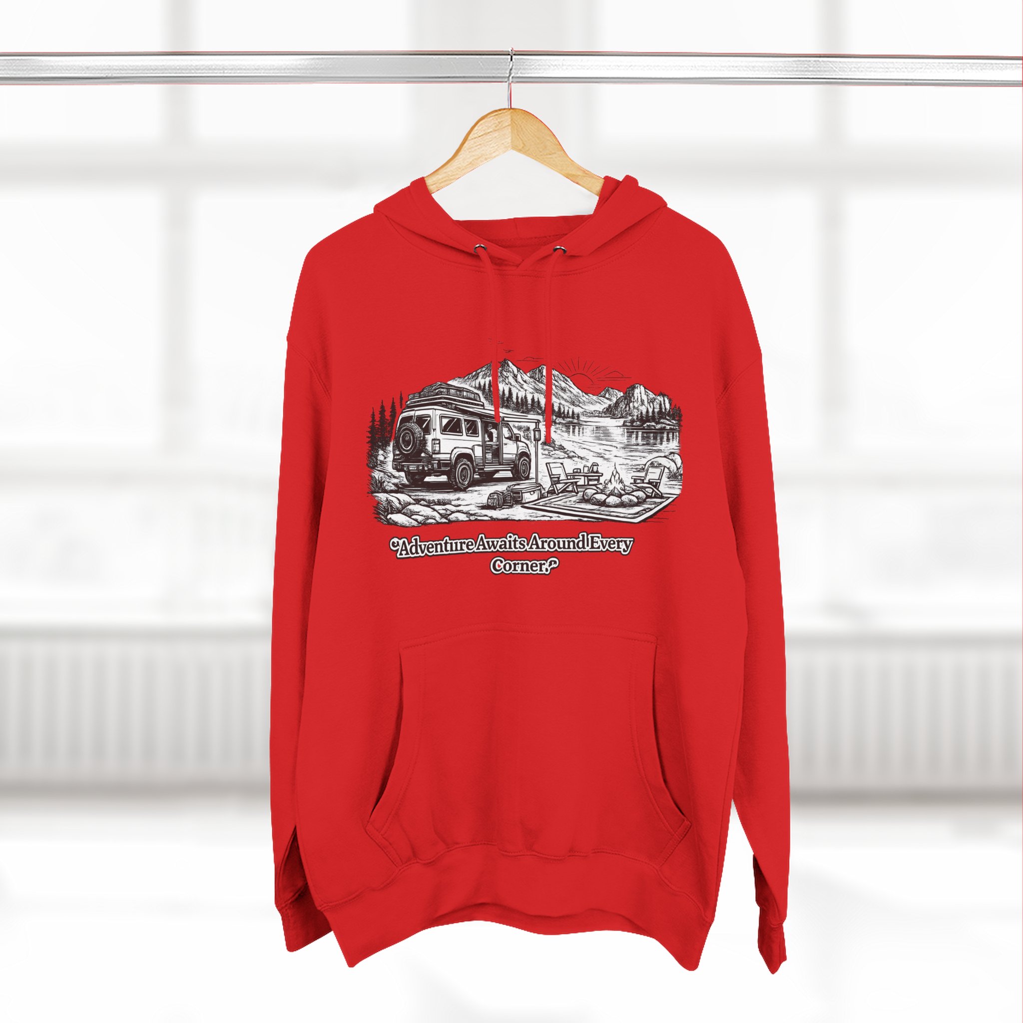 12753934545270679899_2048.jpeg Three-Panel Fleece Hoodie - "Adventure Awaits Around Every Corner" Design Minimal-Line