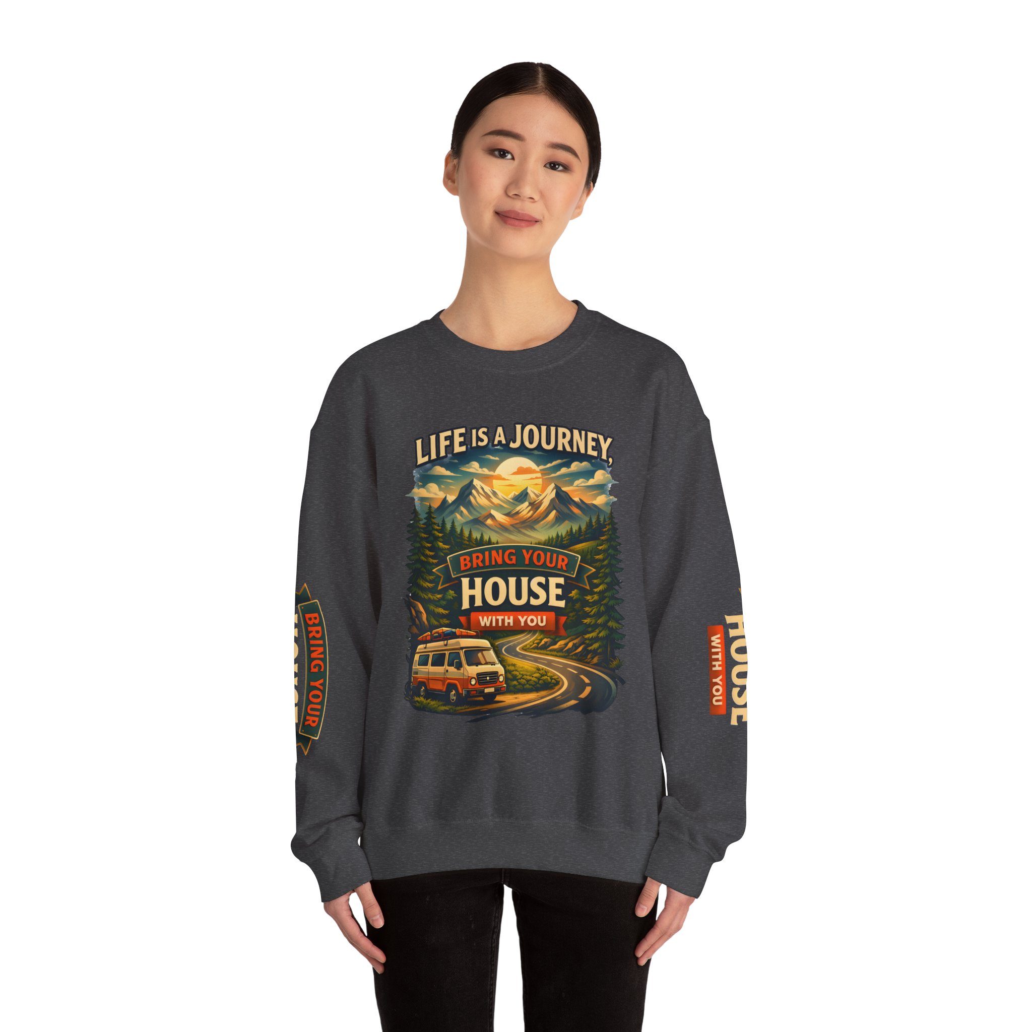 Unisex Heavy Blend™ Crewneck Sweatshirt — "Live Is A Journey-Bring Your House With You" Design Scenic-Line
