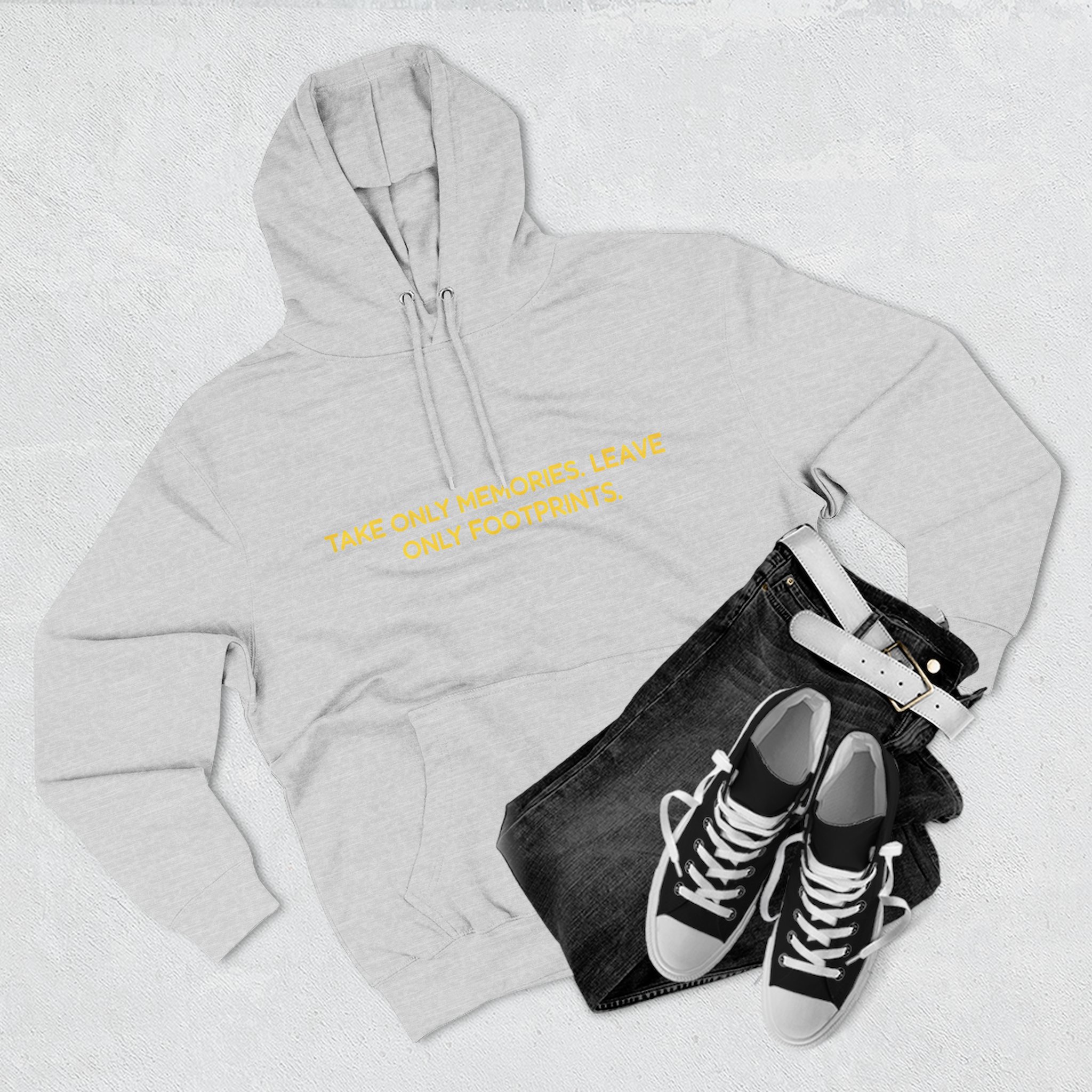 12755044408281002224_2048.jpeg Three-Panel Fleece Hoodie - "Take Only Memories-Leave Only Footprints" Design Sitcom-Line