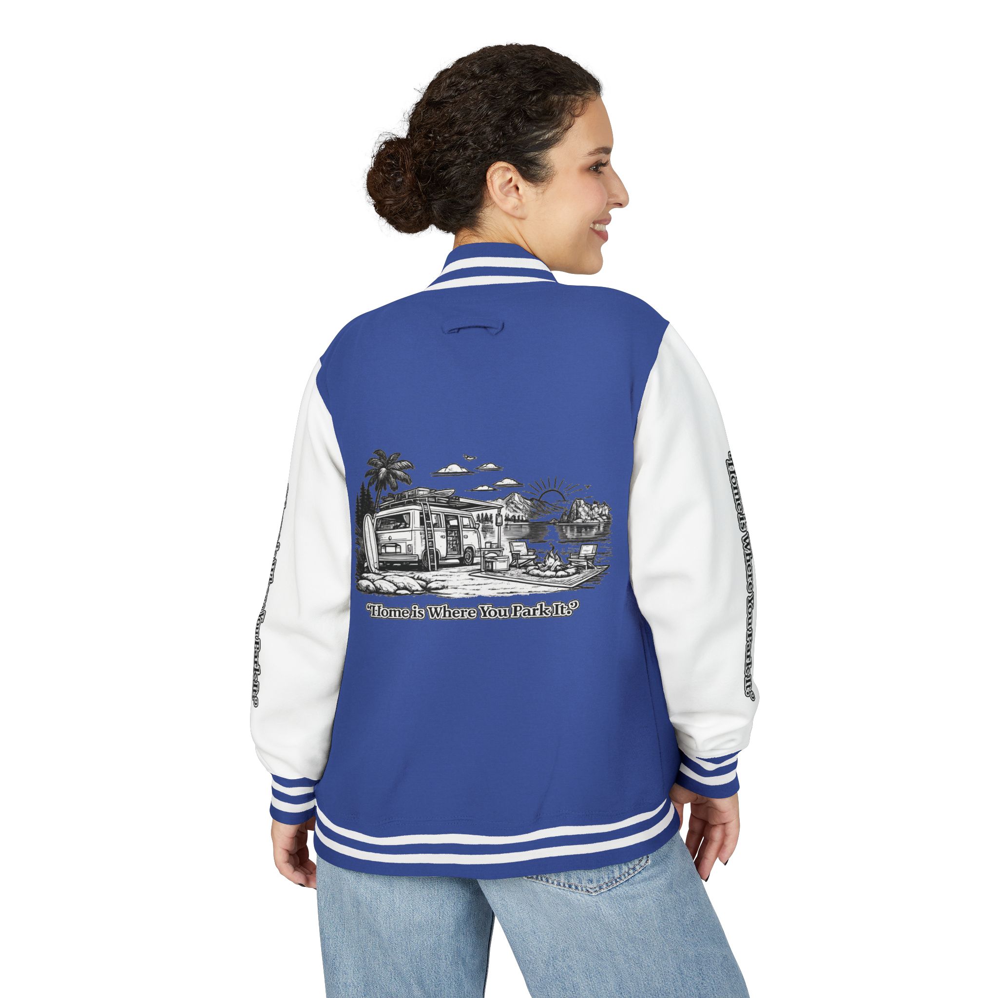 12771281807838698218_2048-1.jpeg Unisex Heavyweight Letterman Jacket — "Home Is Where You Park It" Travel Varsity Coat