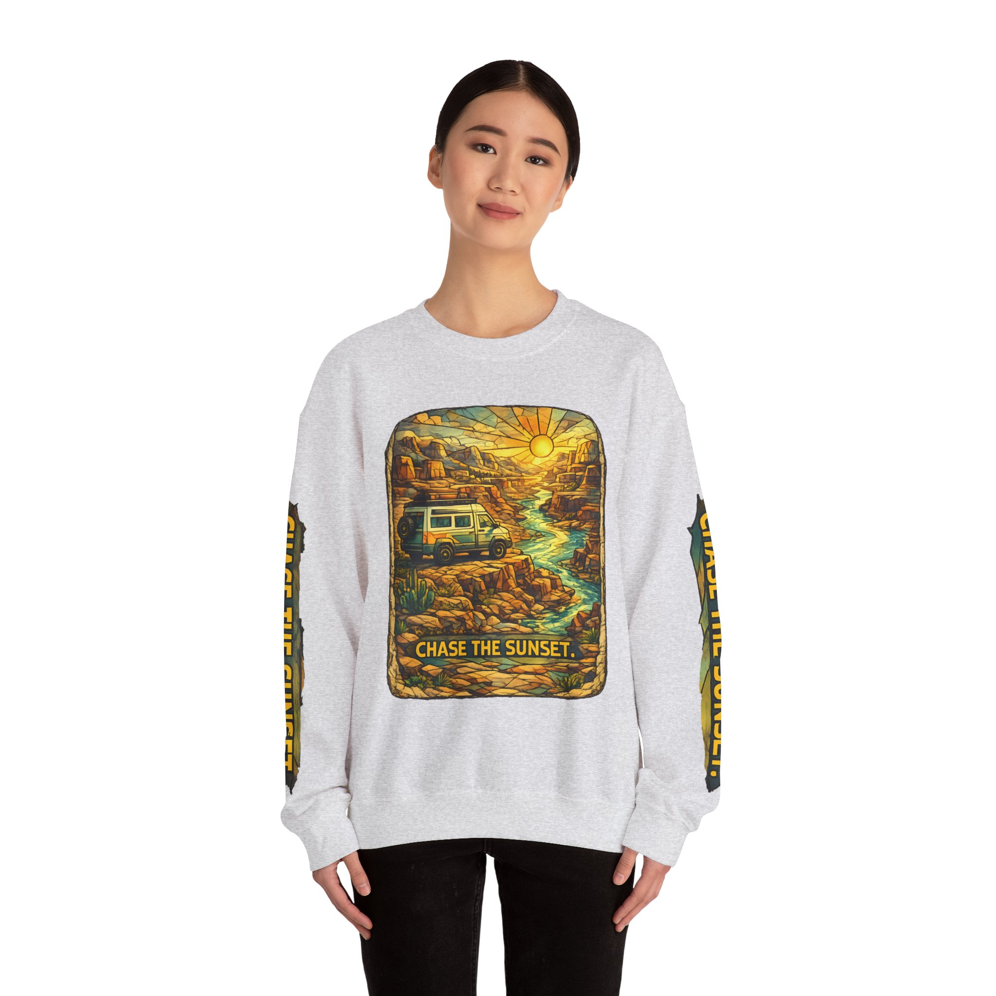 Unisex Heavy Blend™ Crewneck Sweatshirt — "Chase The Sunset" Design Cubic-Line