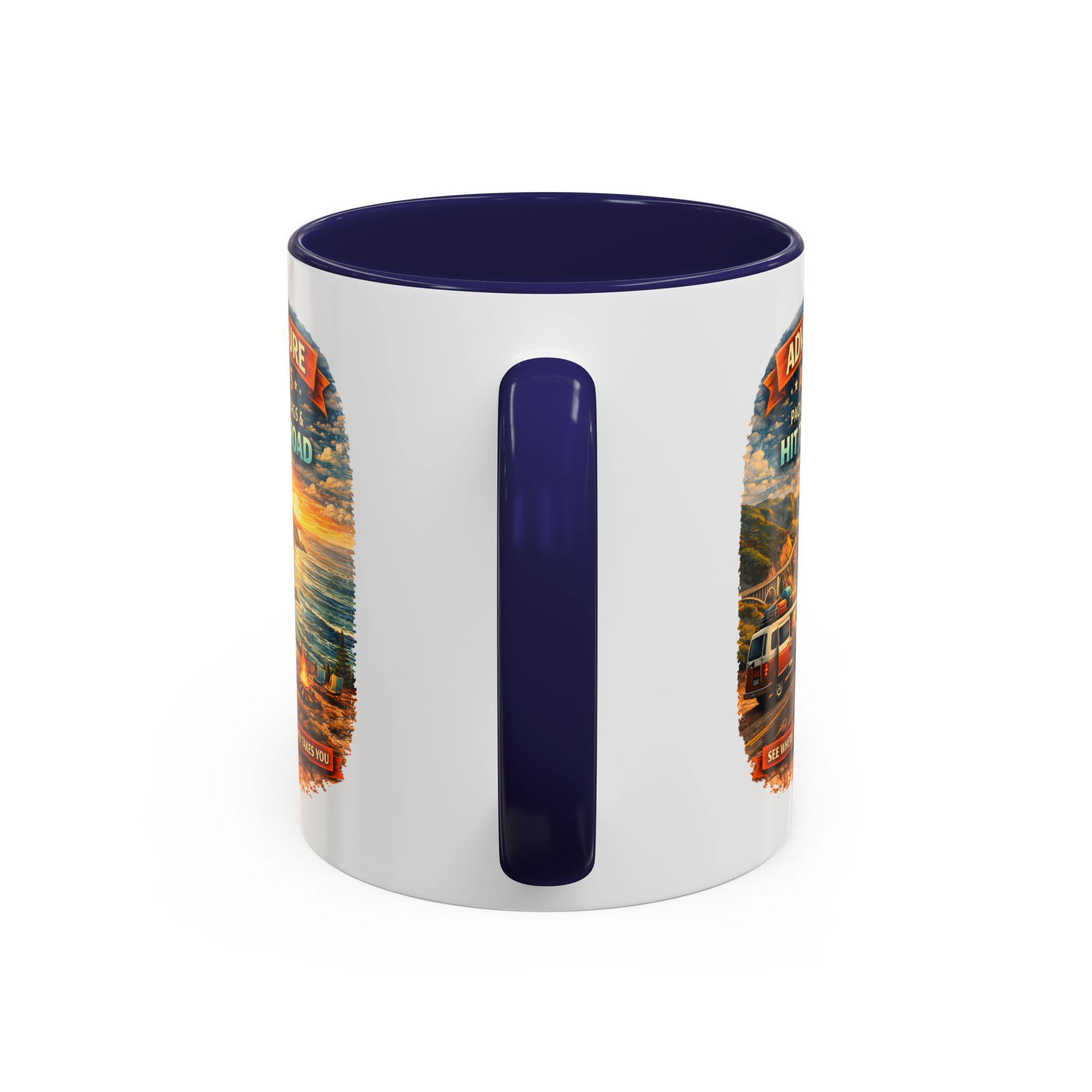 Accent Coffee Mug (11, 15oz) — "Adventure Awaits-Pack Your Bags" Design Scenic-Line