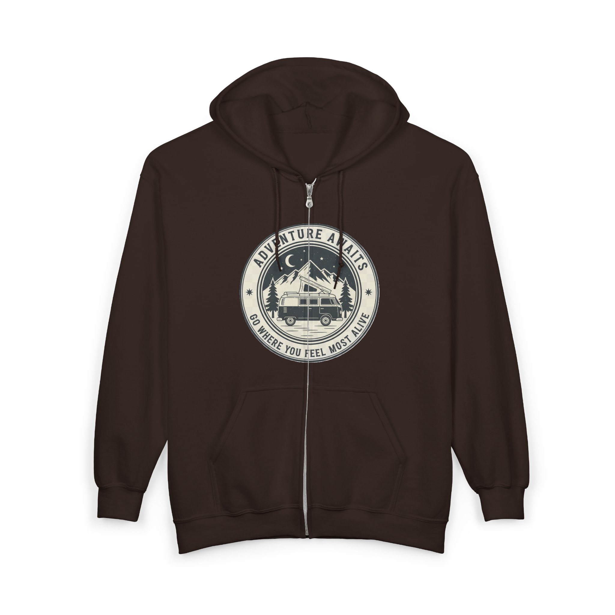 Zip Hoodie — "Adventure Awaits-Go Where You Feel Most Alive" (Only Front Printed) Camper Van Adventure Zip-Up