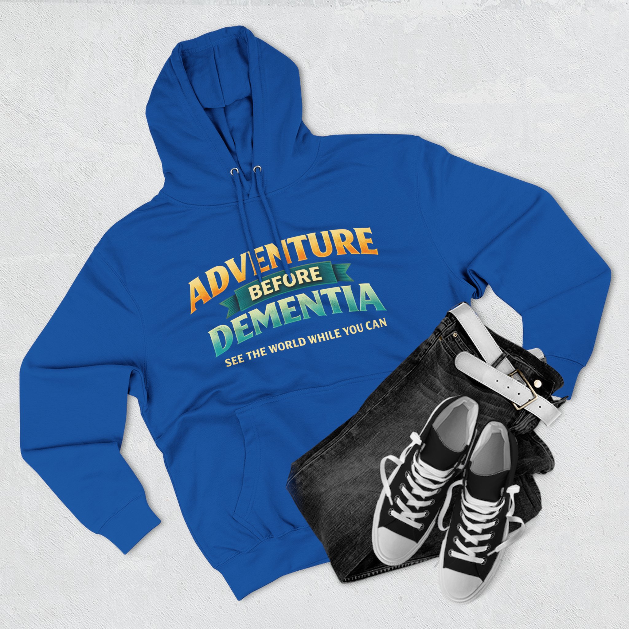 Three-Panel Fleece Hoodie - "Adventure Before Dementia" Design Scenic-Line