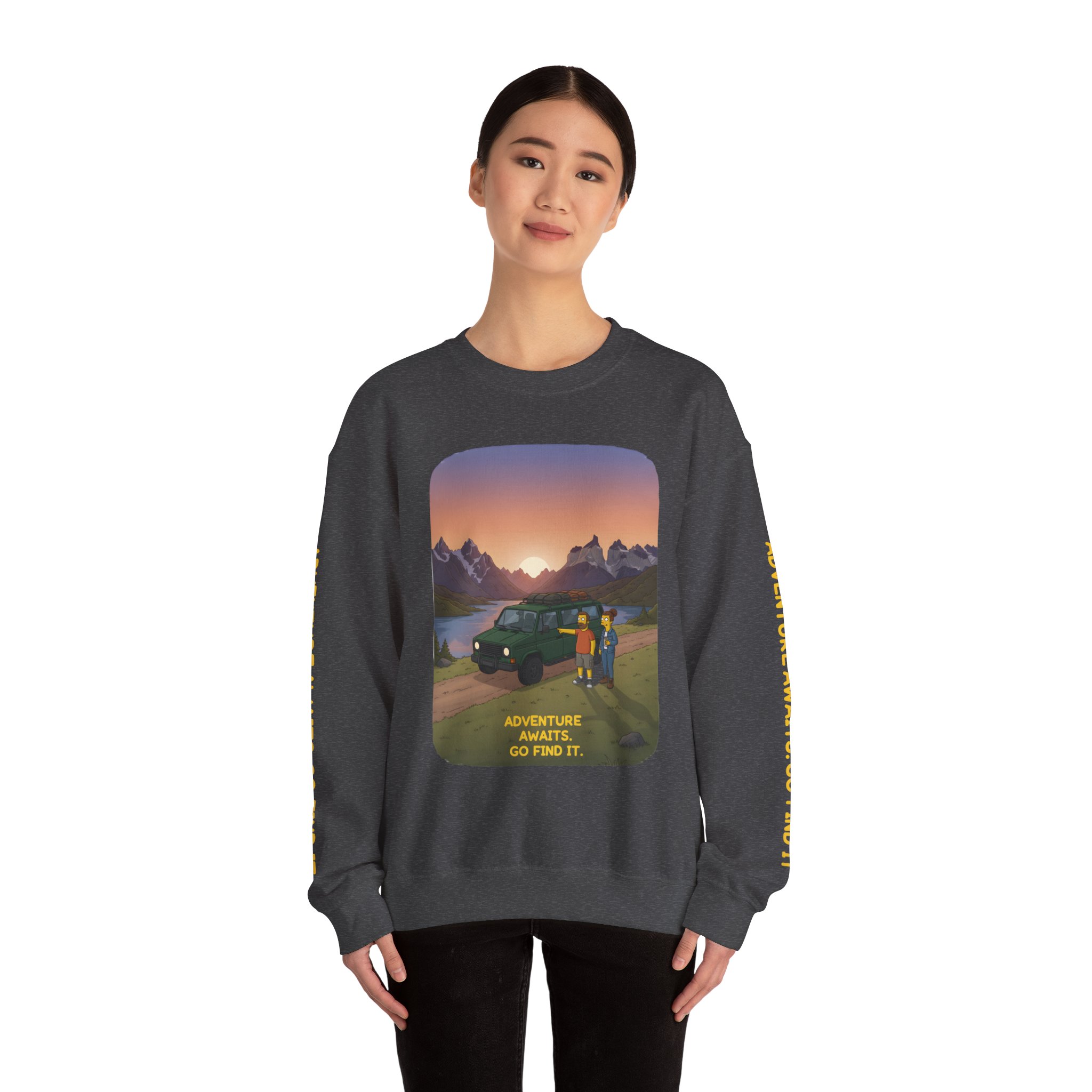 Unisex Heavy Blend™ Crewneck Sweatshirt — "Adventure Awaits-Go Find It" Design Sitcom-Line