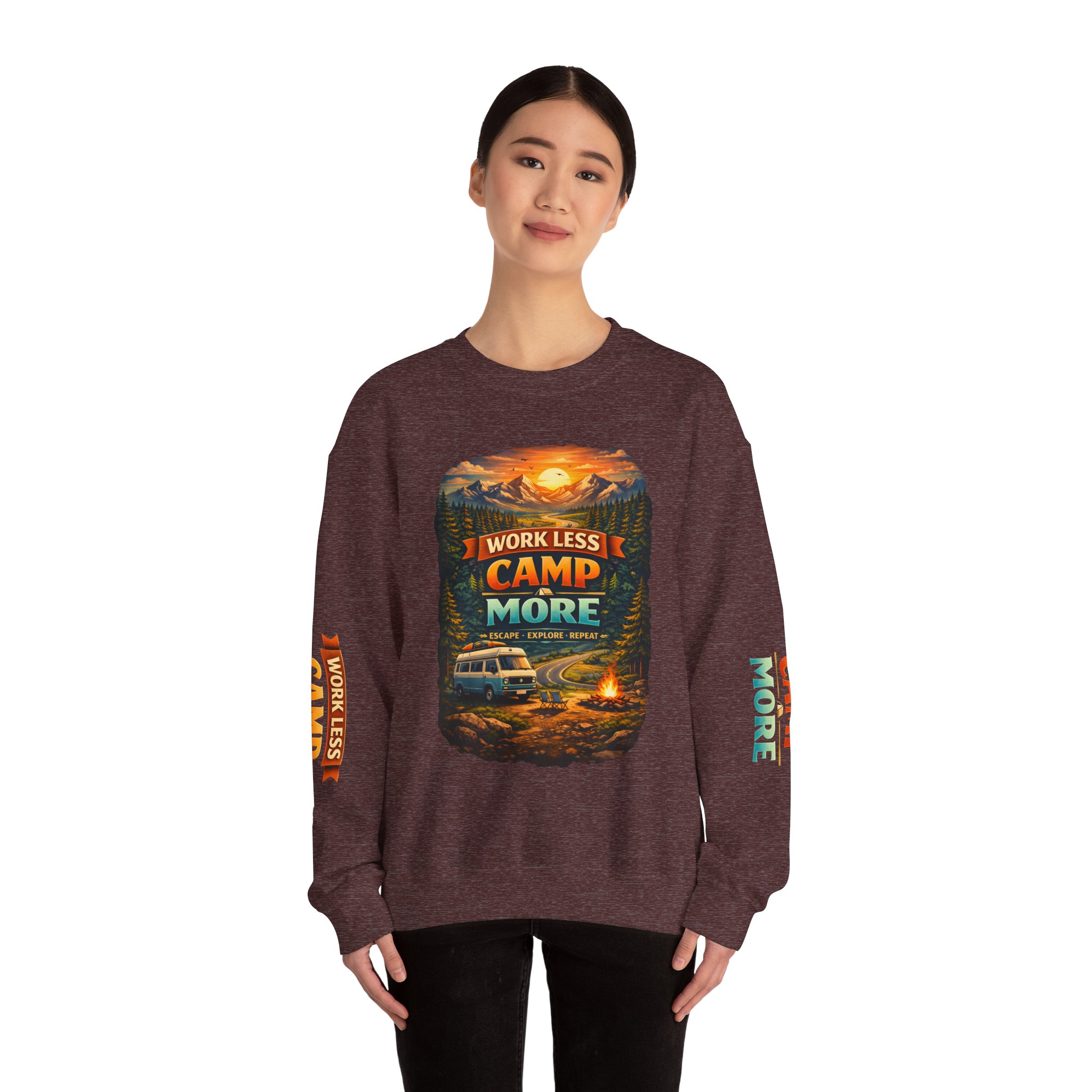 Unisex Heavy Blend™ Crewneck Sweatshirt — "Work Less-Camp More" Design Scenic-Line