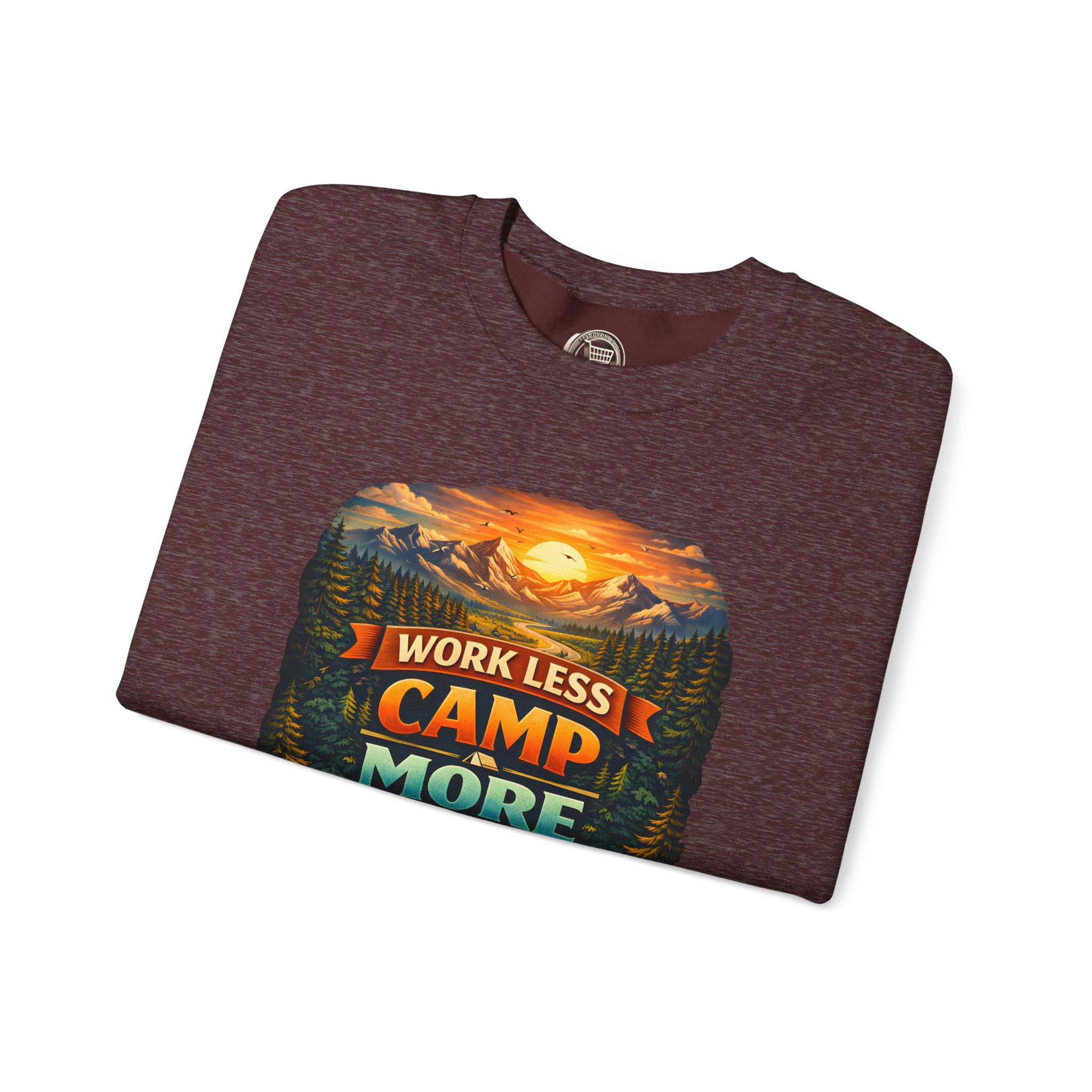 Unisex Heavy Blend™ Crewneck Sweatshirt — "Work Less-Camp More" Design Scenic-Line