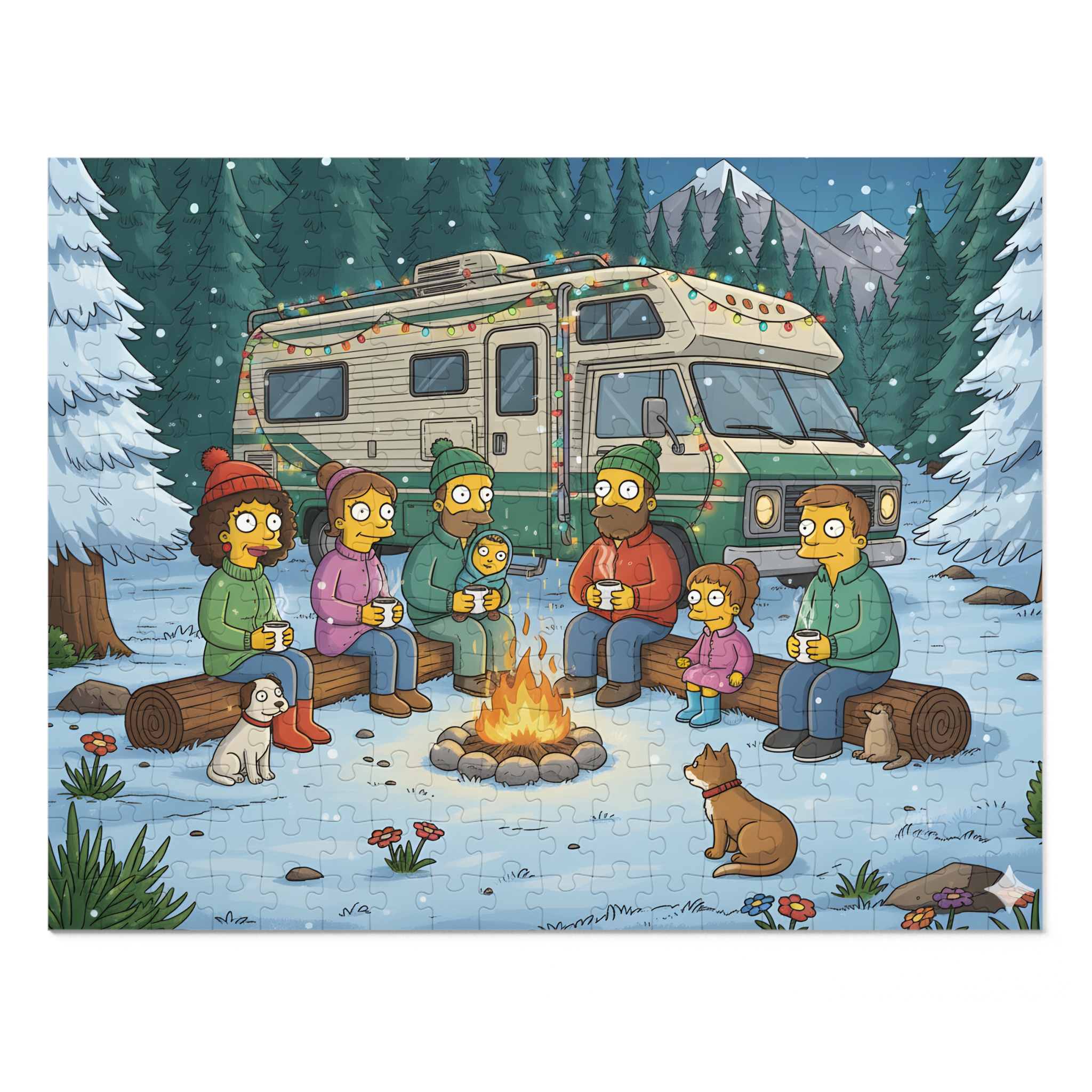 Jigsaw Puzzle with Tin — Cozy RV Winter Scene with Campfire