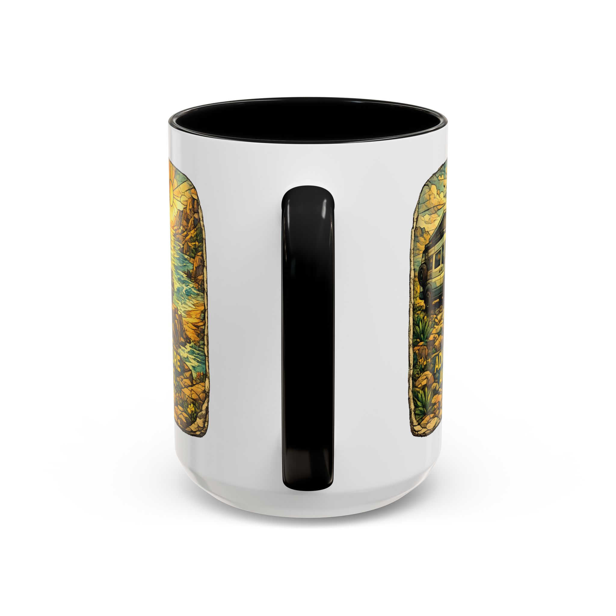 Accent Coffee Mug (11, 15oz) — "Adventure Awaits" Design Cubic-Line