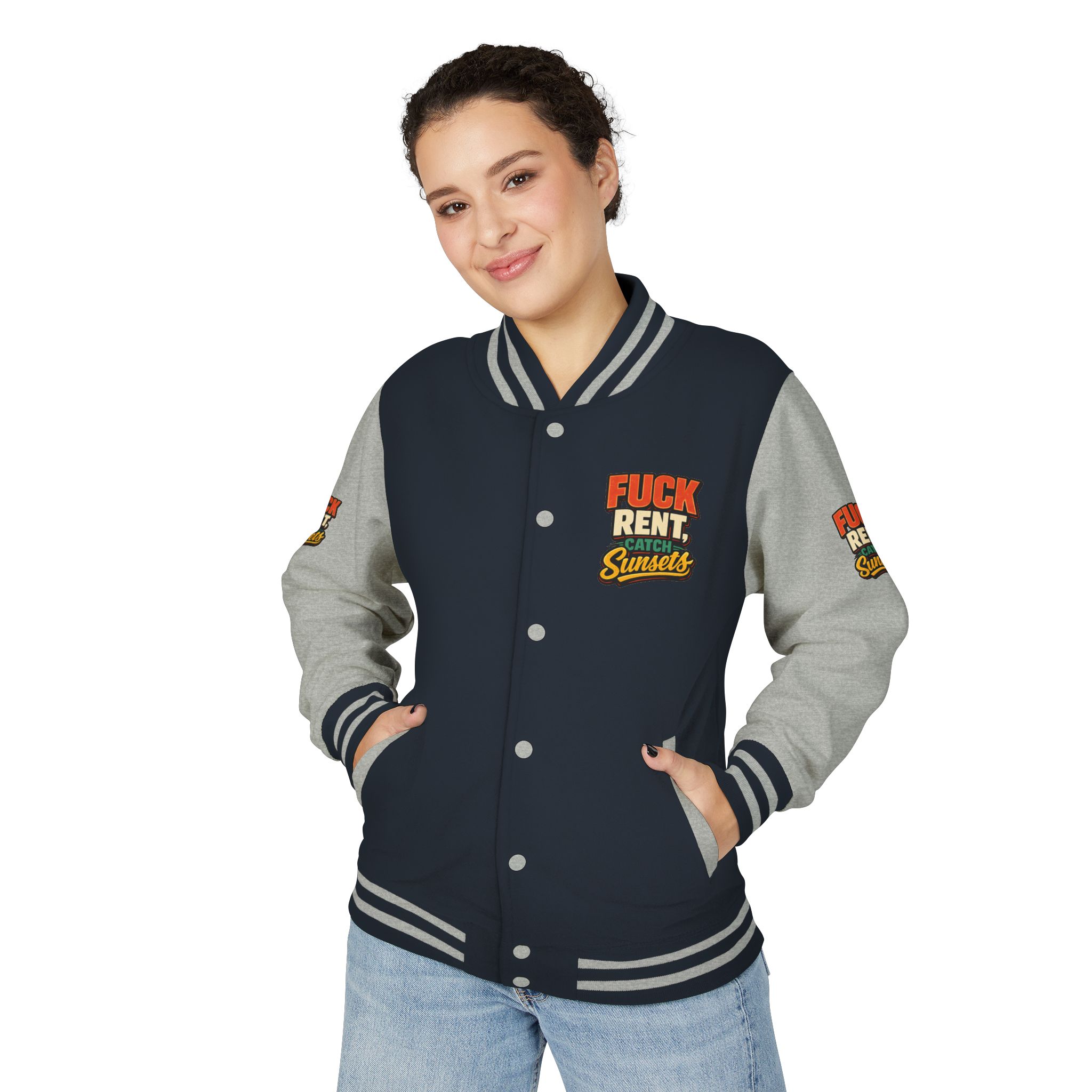 12833330616166468444_2048-2.jpeg Unisex Heavyweight Letterman Jacket — "Fuck Rent Catch Sunsets" Design F**K-Line