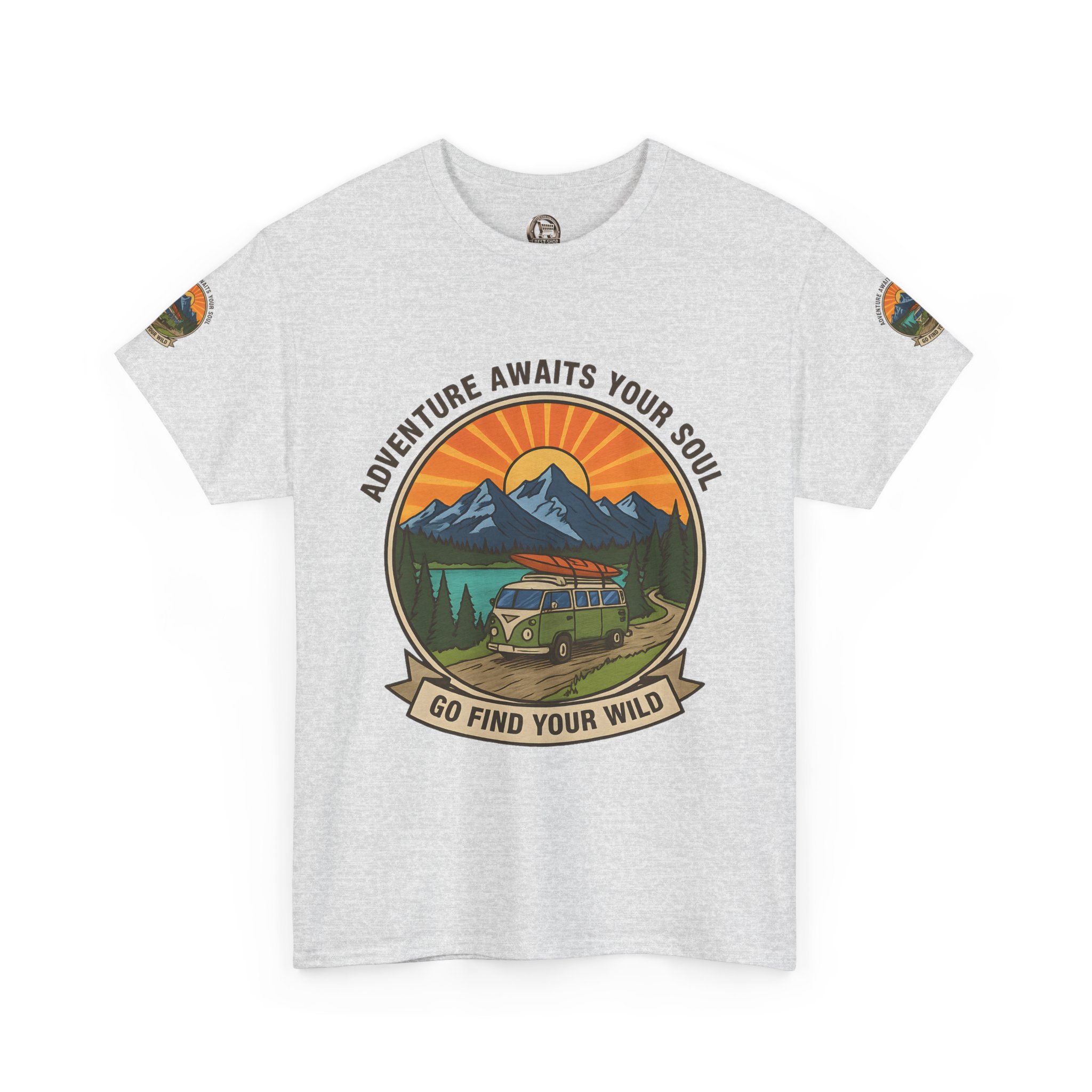 Unisex Heavy Cotton Tee — “Adventure Awaits Your Soul: Go Find Your Wild” Van & Mountain Graphic