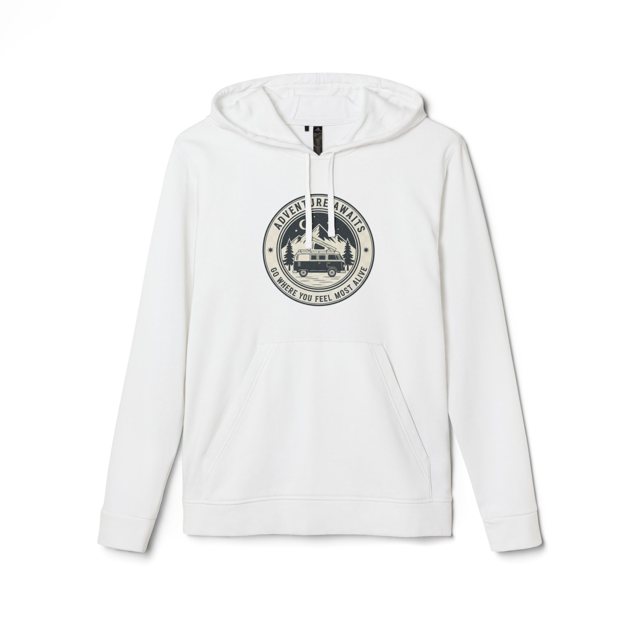 Hoodie(Adidas) — 'Adventure Awaits-Go Where You Feel Most Alive' Outdoor Travel Pullover (Front + Back Printed)