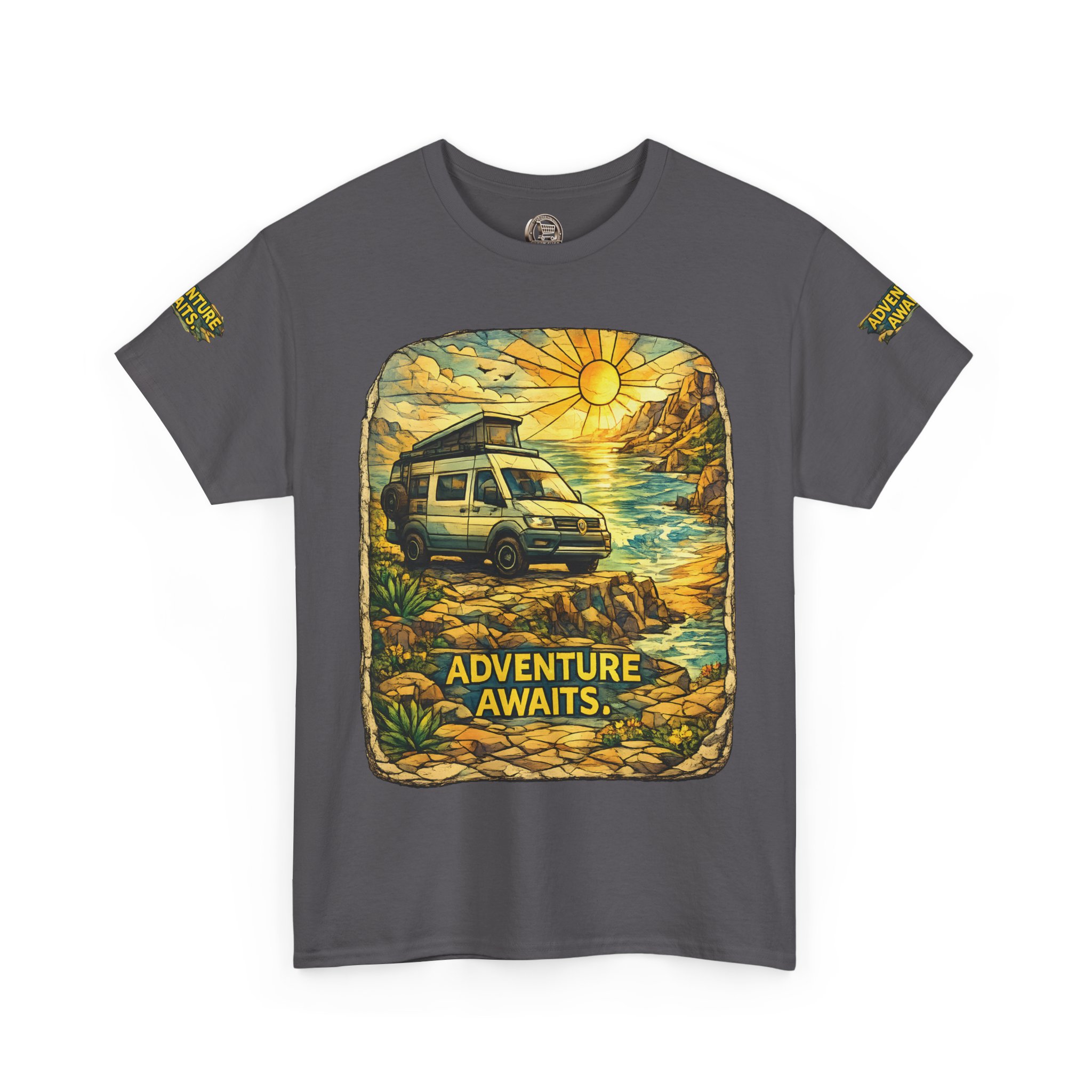 Unisex Heavy Cotton Tee — "Adventure Awaits" Design Cubic-Line