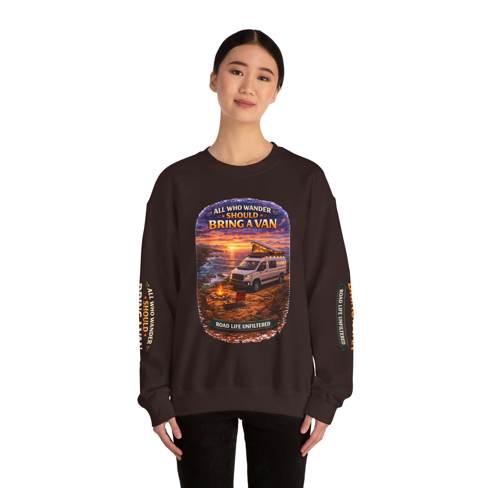 Unisex Heavy Blend™ Crewneck Sweatshirt — "All Who wander Should Bring A Van" Design Scenic-Line