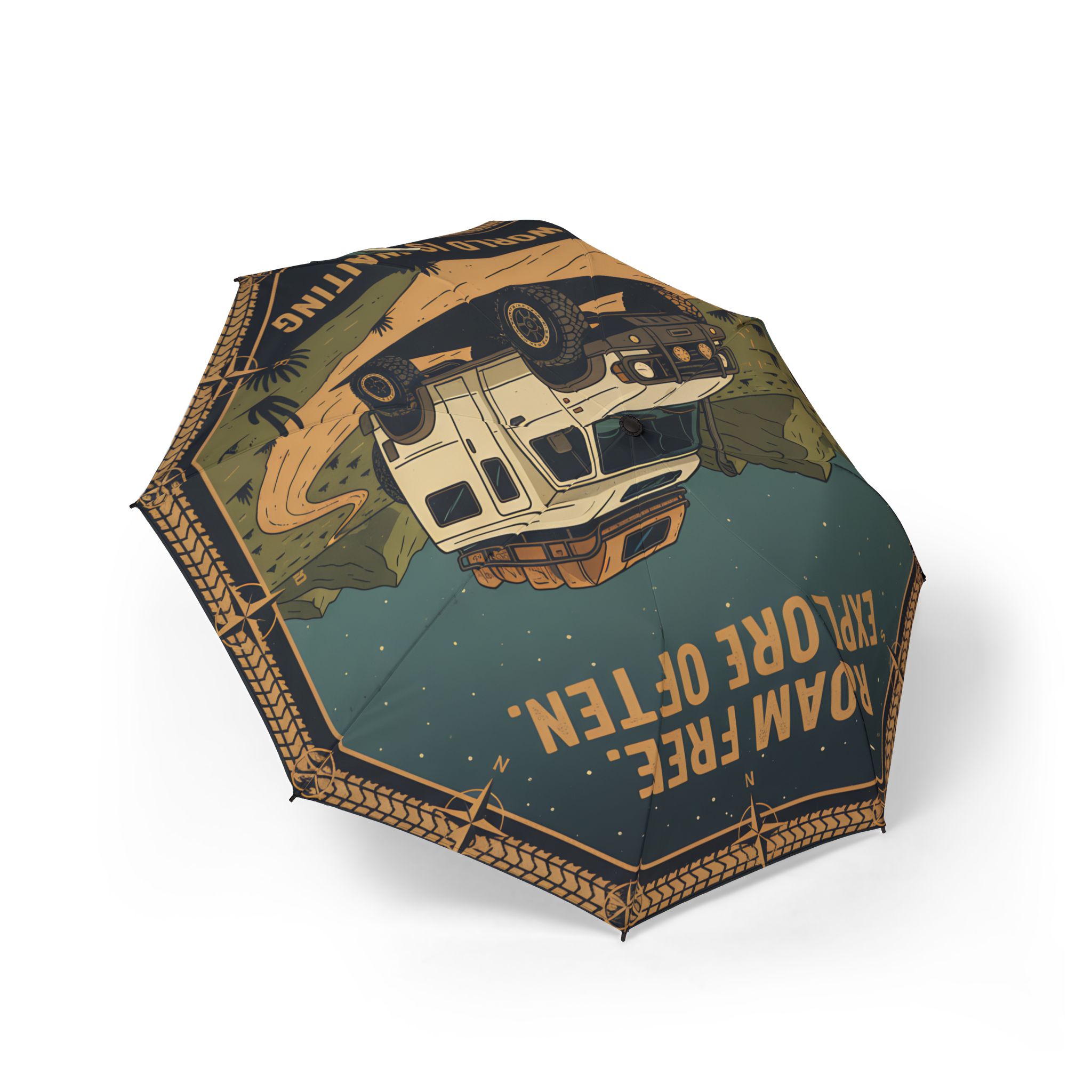Semi-Automatic Foldable Umbrella — "Roam Free Explore Often-The World Is Waiting" Vintage Adventure Print