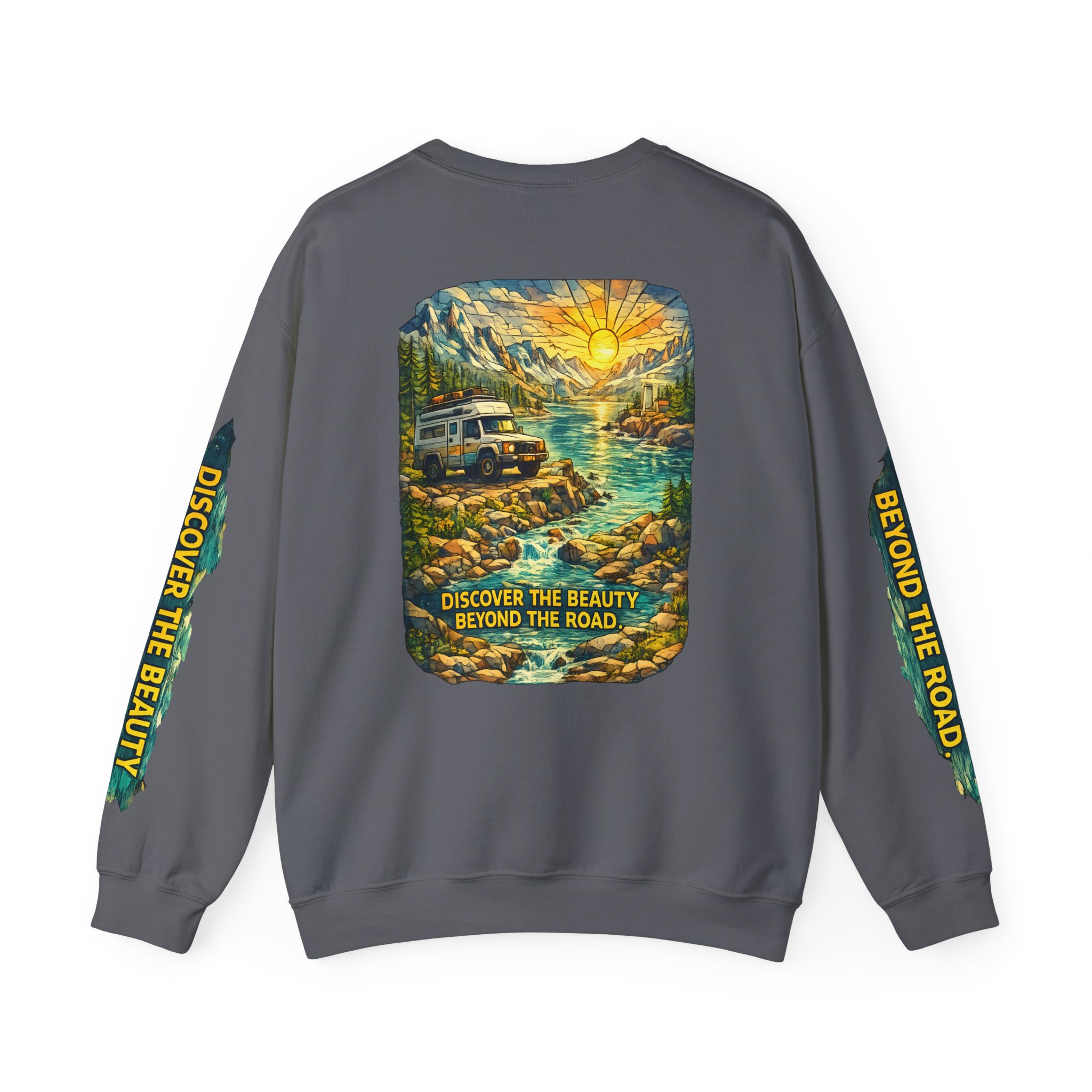 Unisex Heavy Blend™ Crewneck Sweatshirt — "Discover The Bieuty Beyond The Road" Design Cubic-Line