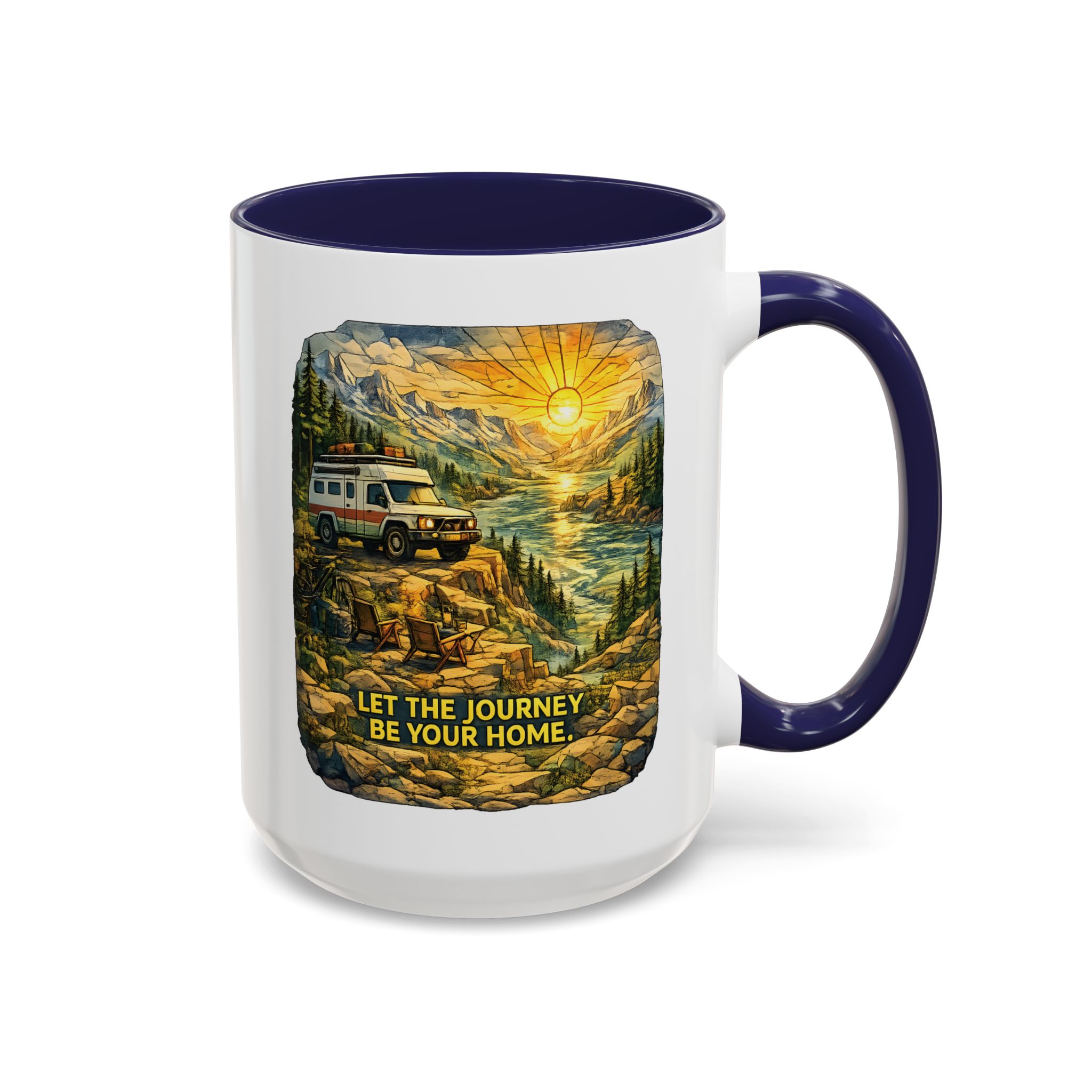 Accent Coffee Mug (11, 15oz) — "Let The Journey Be Your Home" Design Cubic-Line