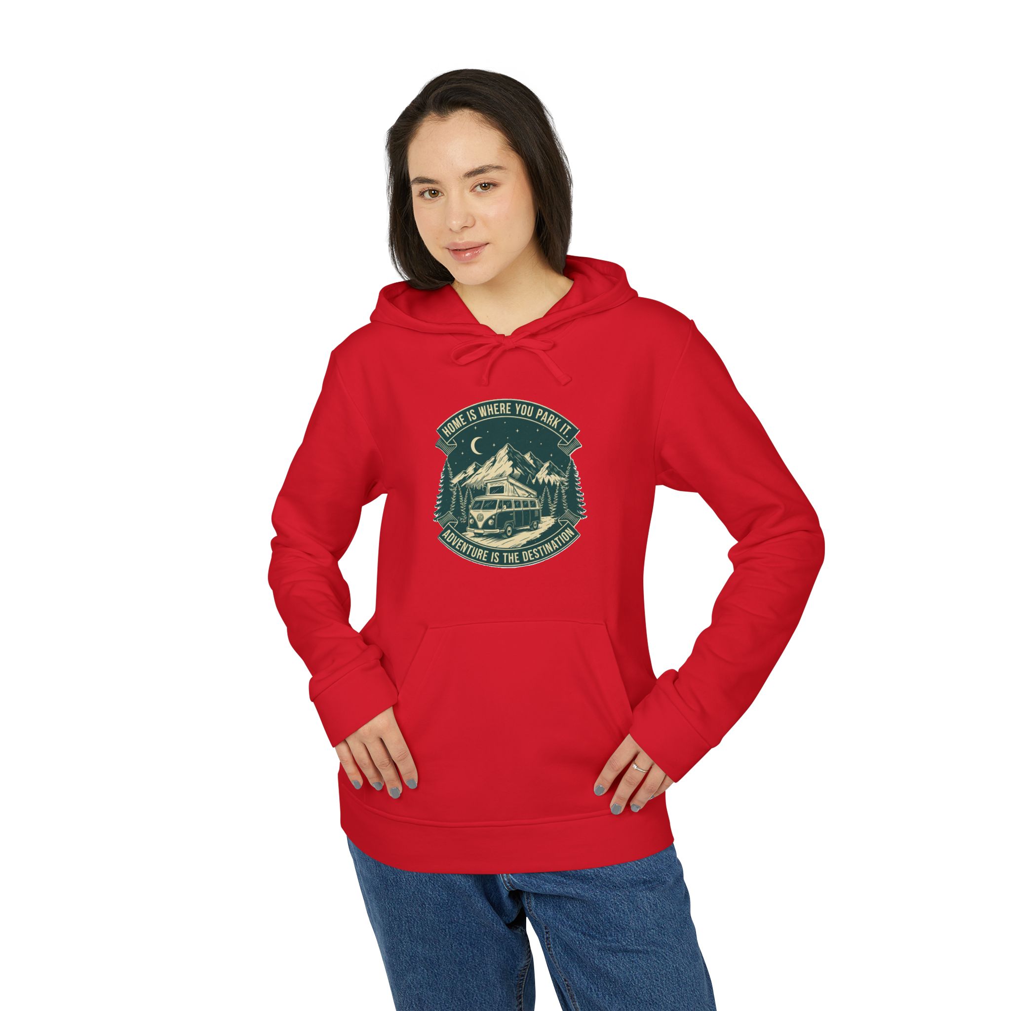 Hoodie(Adidas) — "Home Is Where You Park It-Adventure is the destination" Outdoor Travel Pullover (Front + Back Printed)