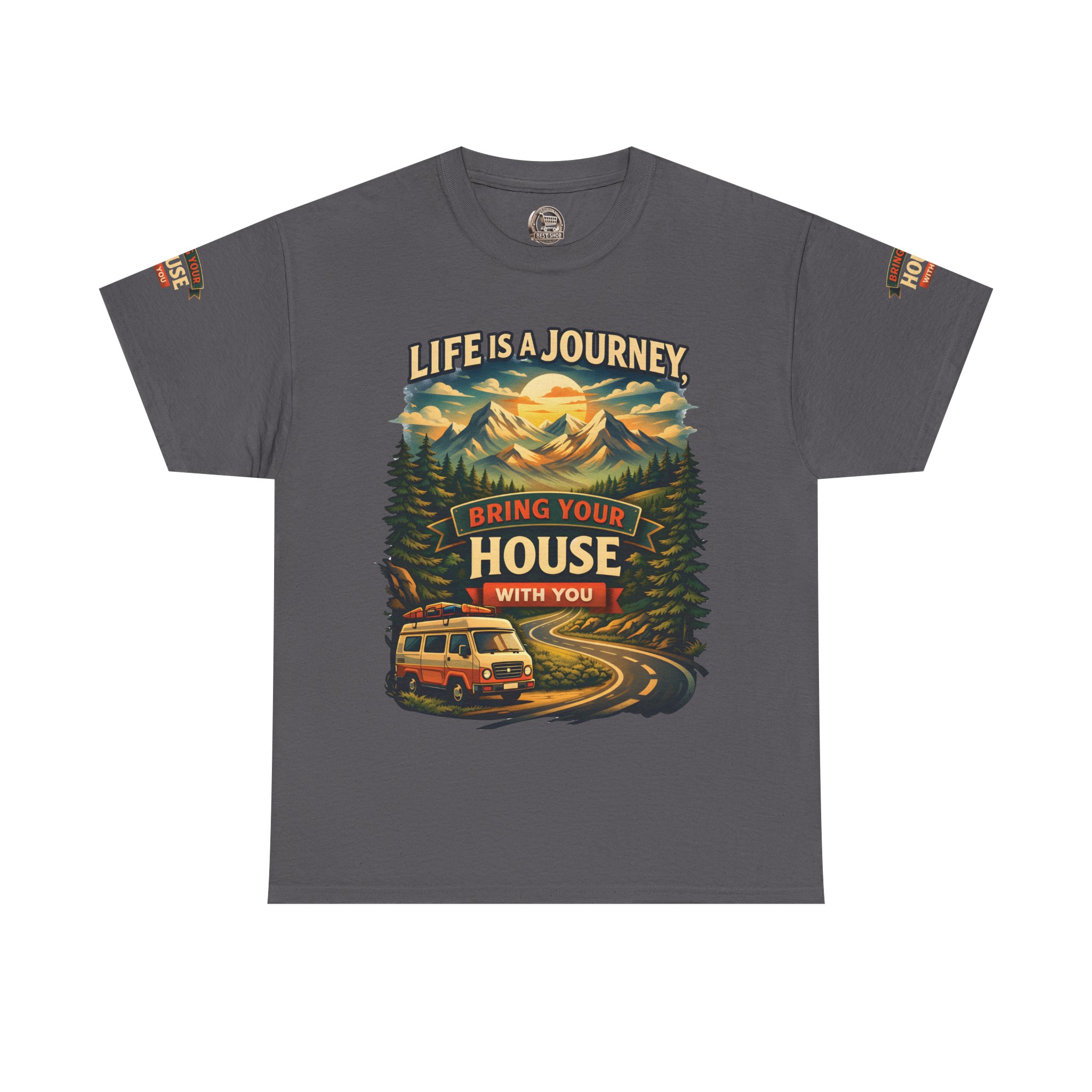 12889854998327010710_2048.jpeg Unisex Heavy Cotton Tee — "Live Is A Journey-Bring Your House With You" Design Scenic-Line