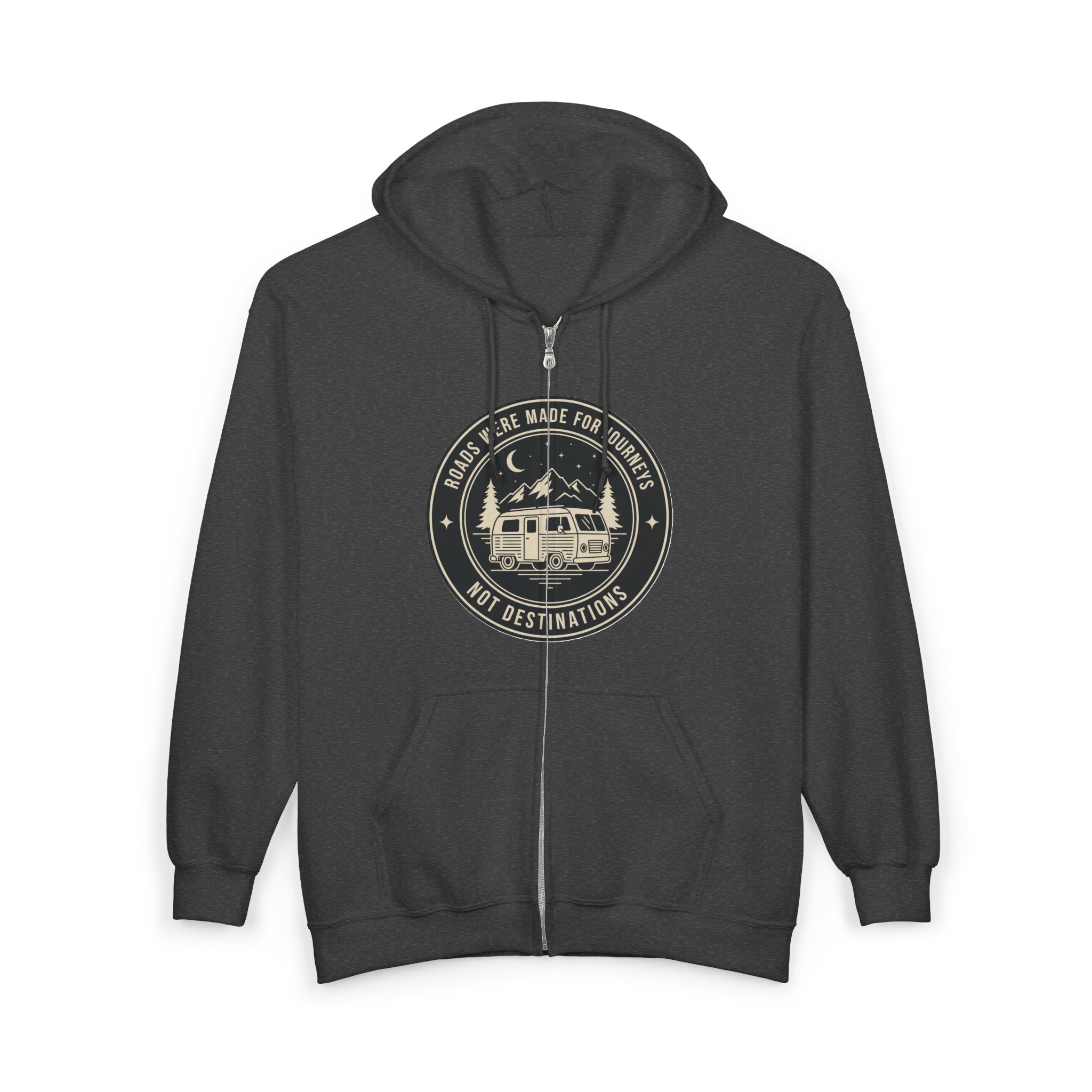 Zip Hoodie — "ROAD WHERE MADE FOR JOURNEYS-NOT DESTINATIONS"(Front + Back Printed) Camper Van Adventure Zip-Up