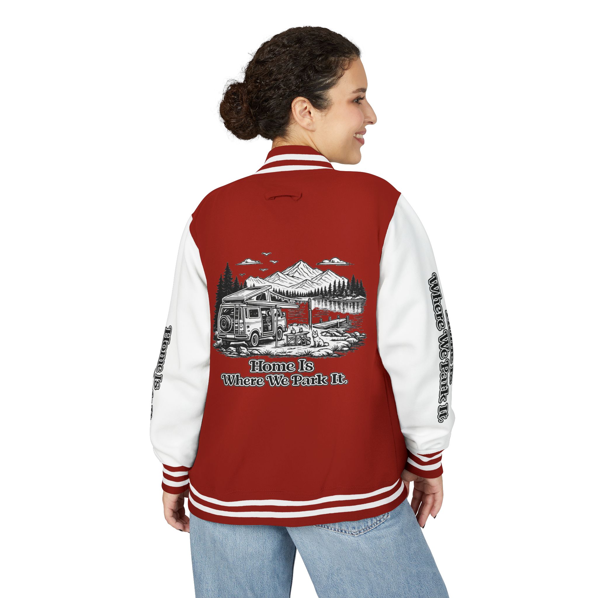 Unisex Heavyweight Letterman Jacket — "Home Is Where You Park It" Travel Varsity Coat