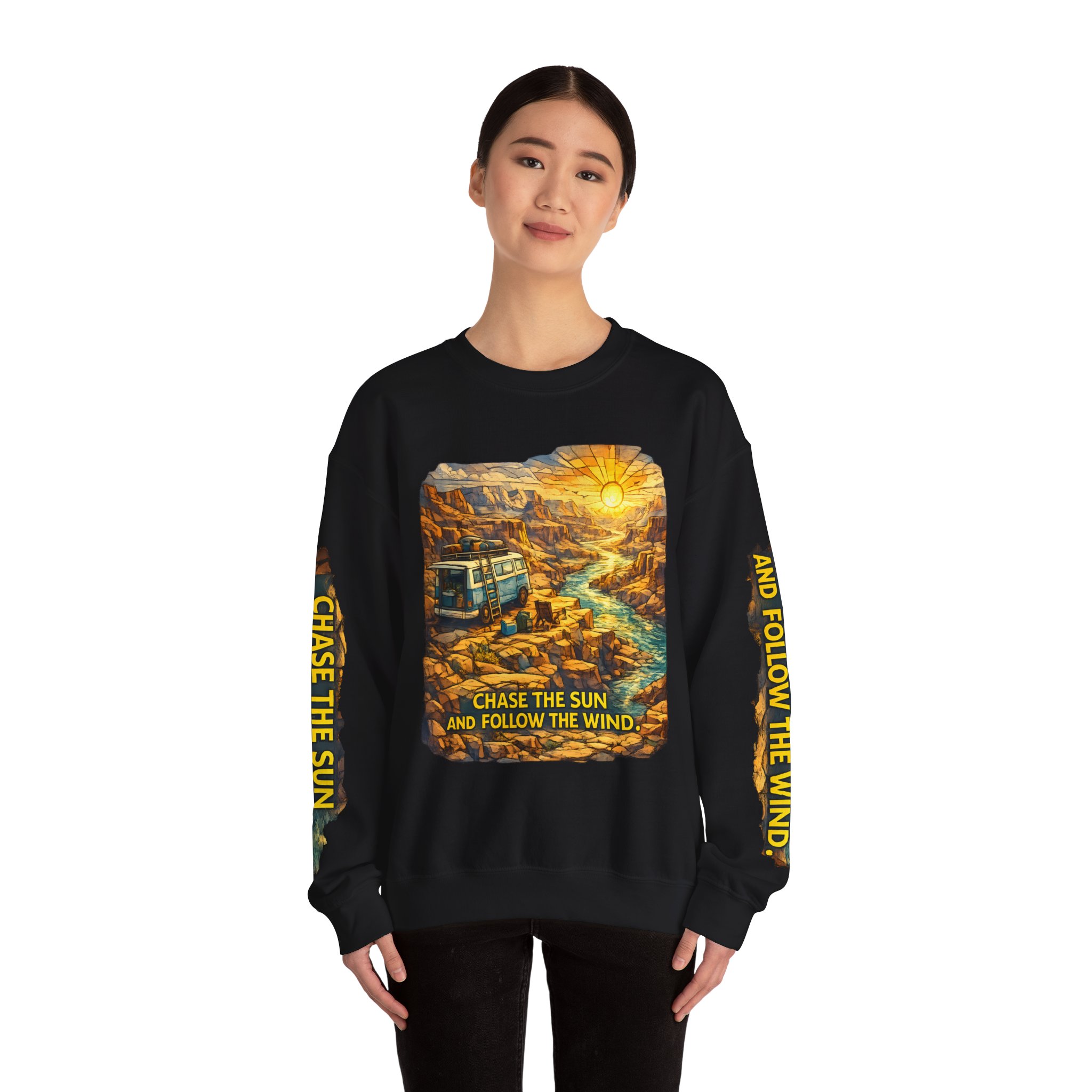 12920051162459444454_2048.jpeg Unisex Heavy Blend™ Crewneck Sweatshirt — "Chase The Sun And Follow The Wind" Design Cubic-Line