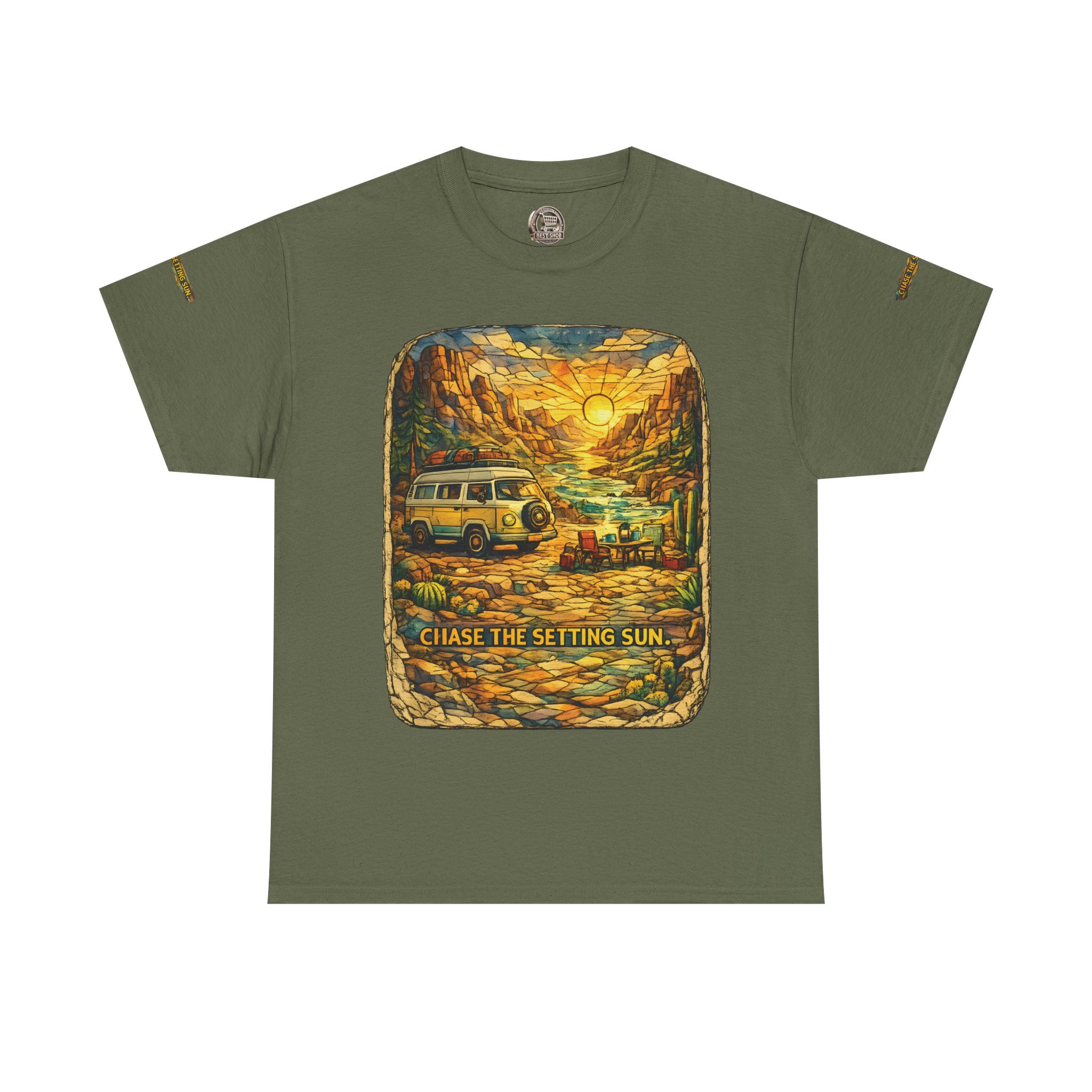 Unisex Heavy Cotton Tee — "Chase The Settings Sun" Design Cubic-Line
