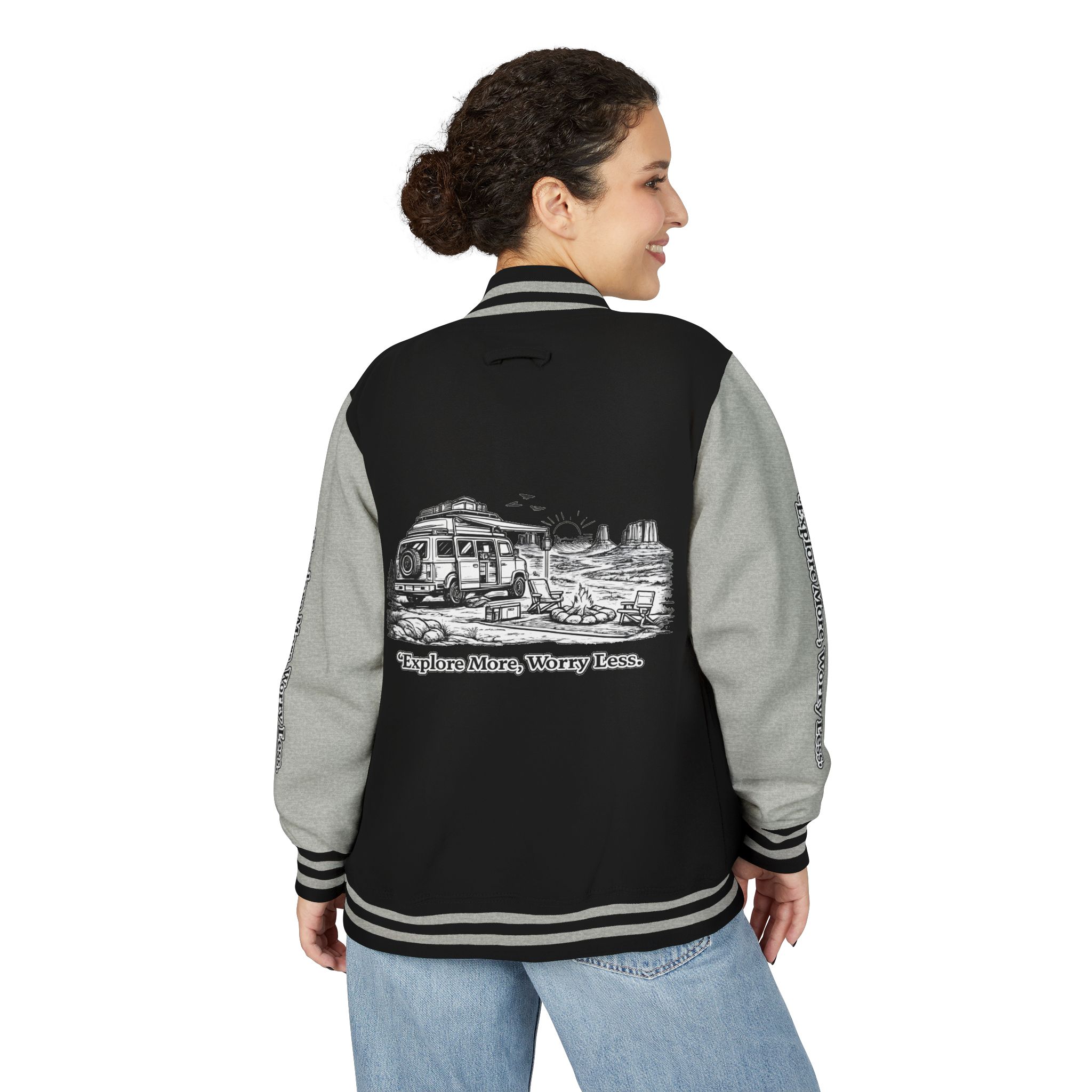 Unisex Heavyweight Letterman Jacket — "Explore More Worry Less" Travel Varsity Coat