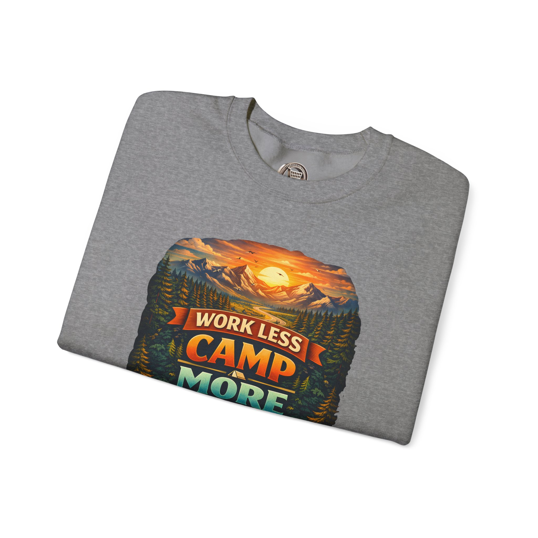 Unisex Heavy Blend™ Crewneck Sweatshirt — "Work Less-Camp More" Design Scenic-Line