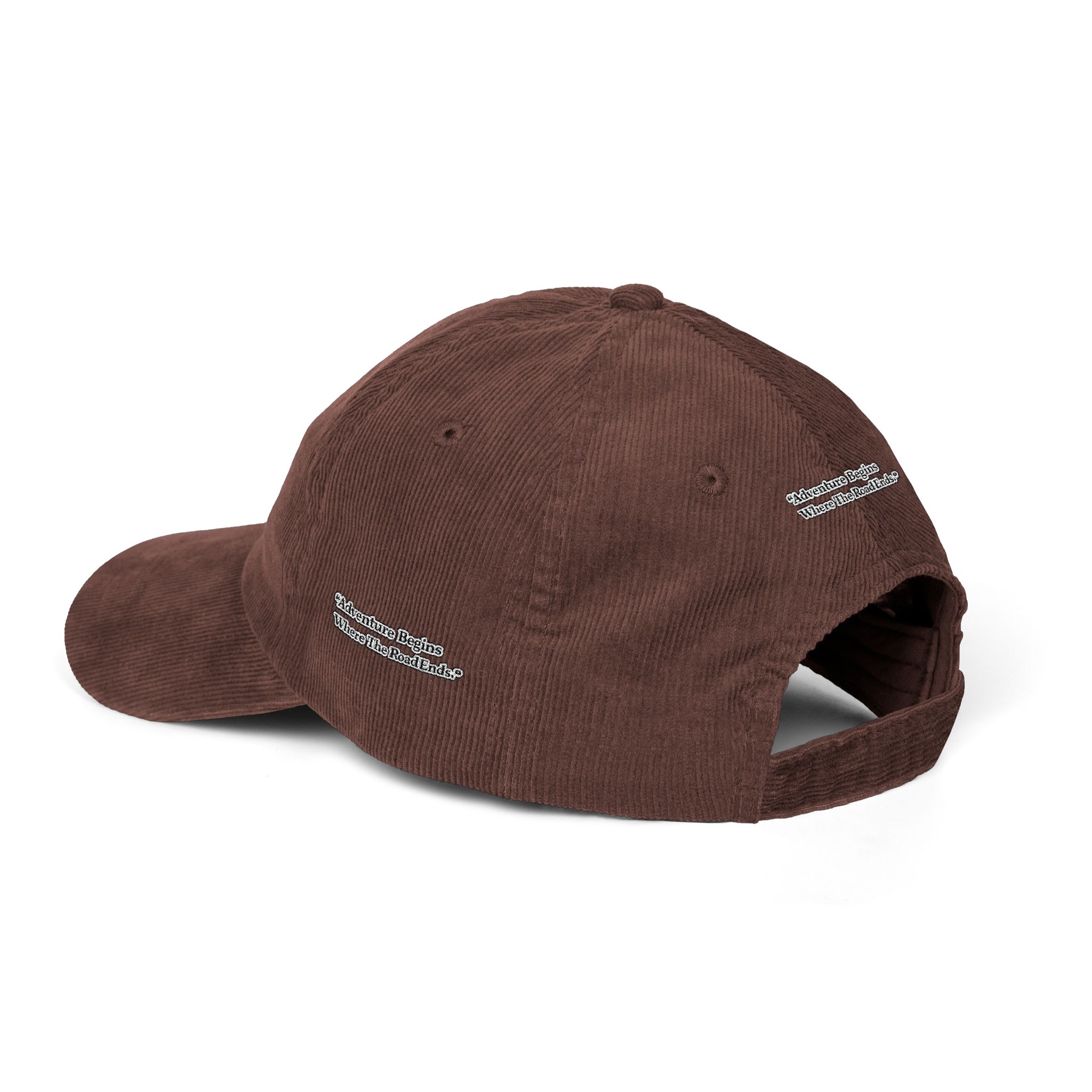 Vintage Corduroy Cap (Embroidery) — "Adventure Begins Where The Road Ends" Embroidered Hat