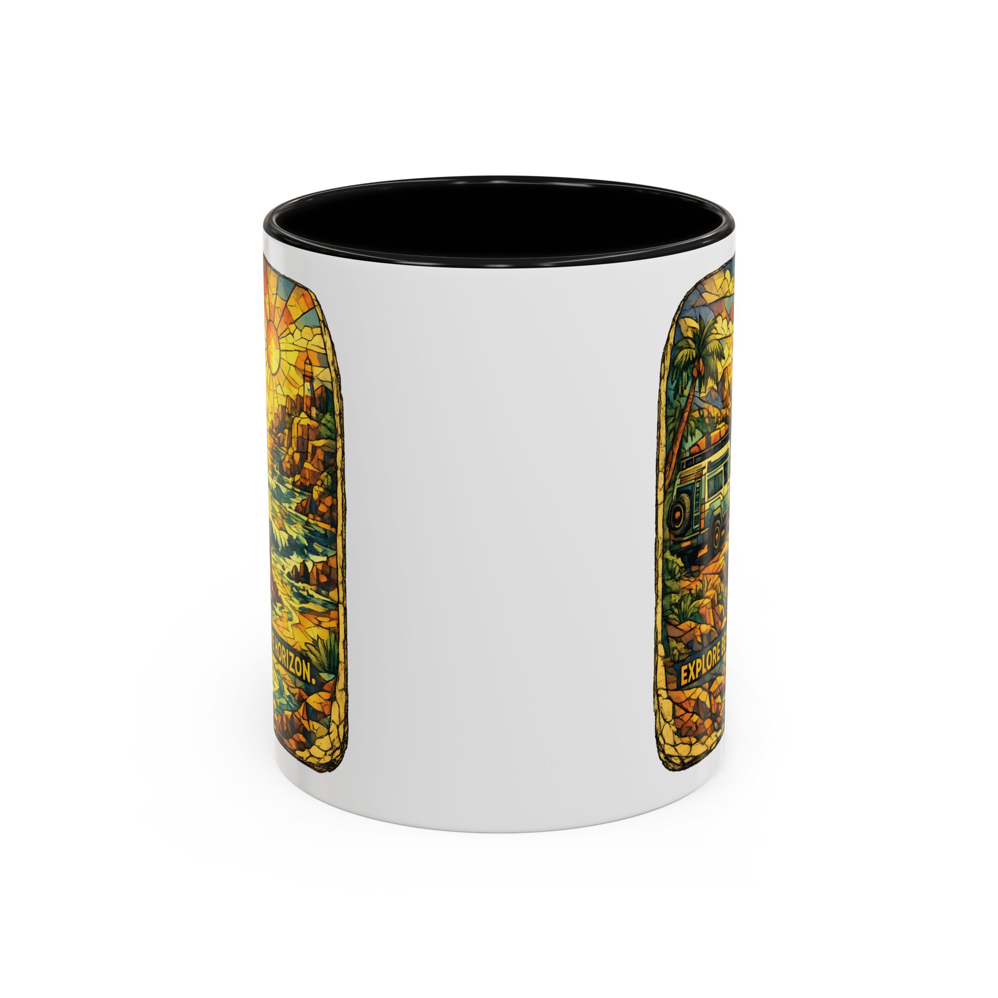 Accent Coffee Mug (11, 15oz) — "Explore Beyond The Horizon" Design Cubic-Line