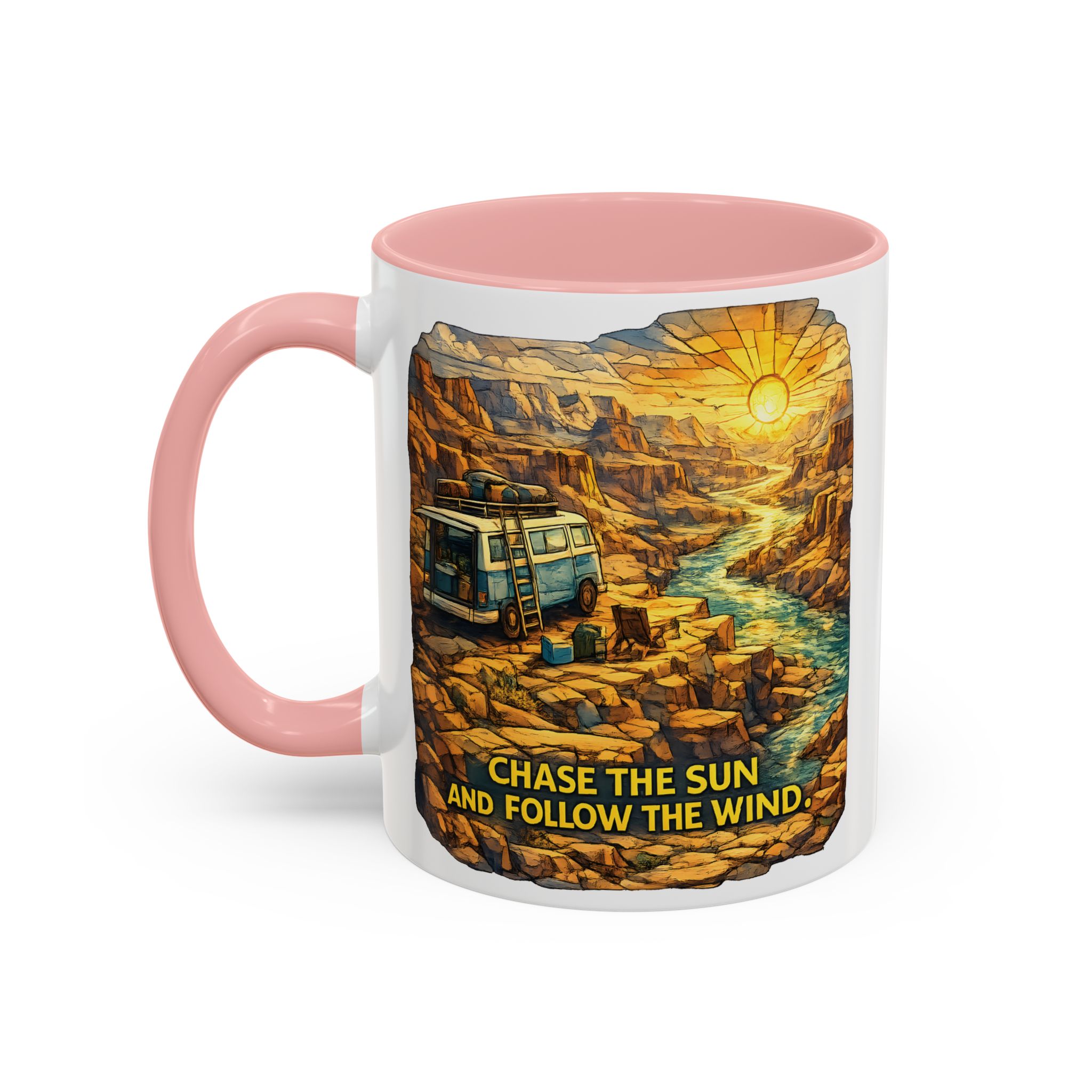 Accent Coffee Mug (11, 15oz) — "Chase The Sun And Follow The Wind" Design Cubic-Line