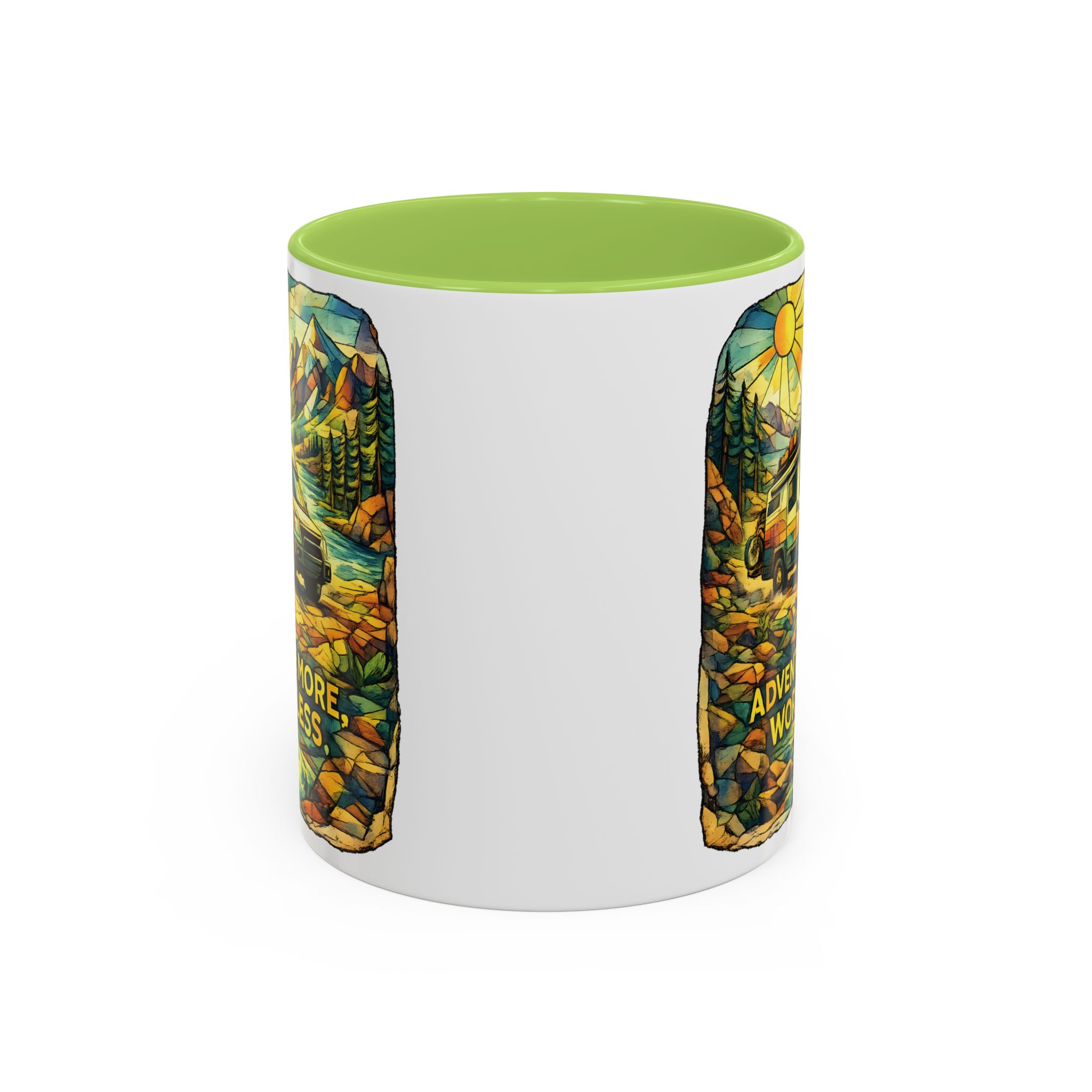 Accent Coffee Mug (11, 15oz) — "Adventure More Worry Less" Design Cubic-Line