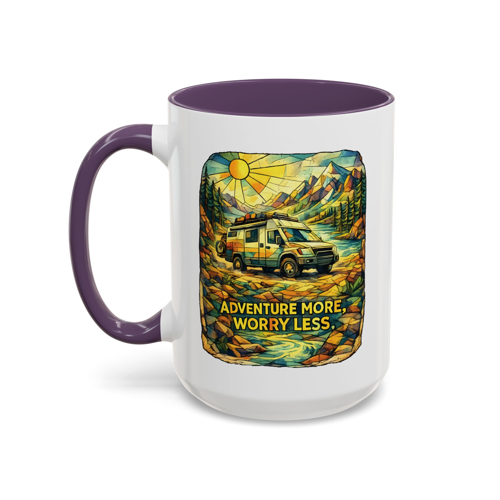 Accent Coffee Mug (11, 15oz) — "Adventure More Worry Less" Design Cubic-Line