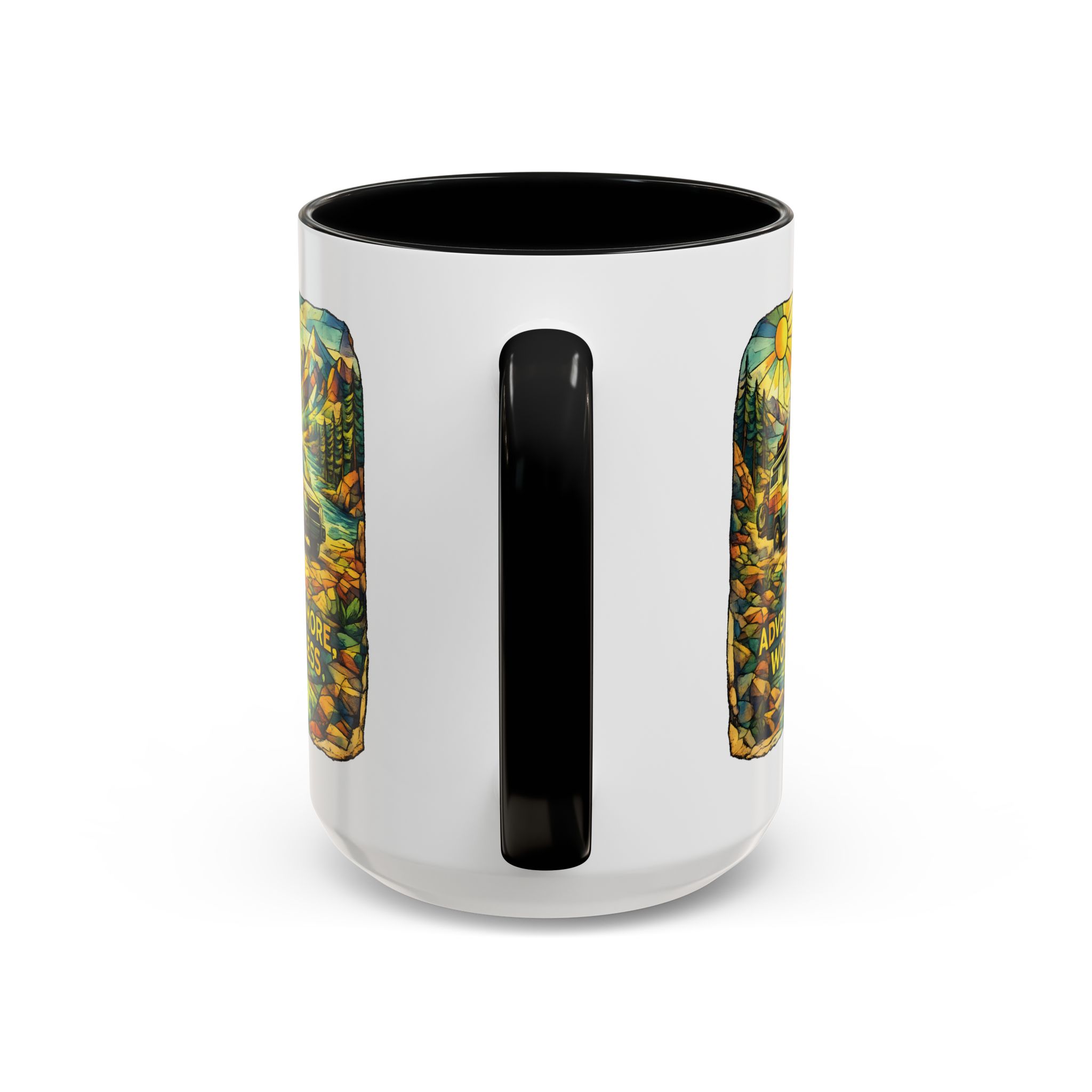 Accent Coffee Mug (11, 15oz) — "Adventure More Worry Less" Design Cubic-Line