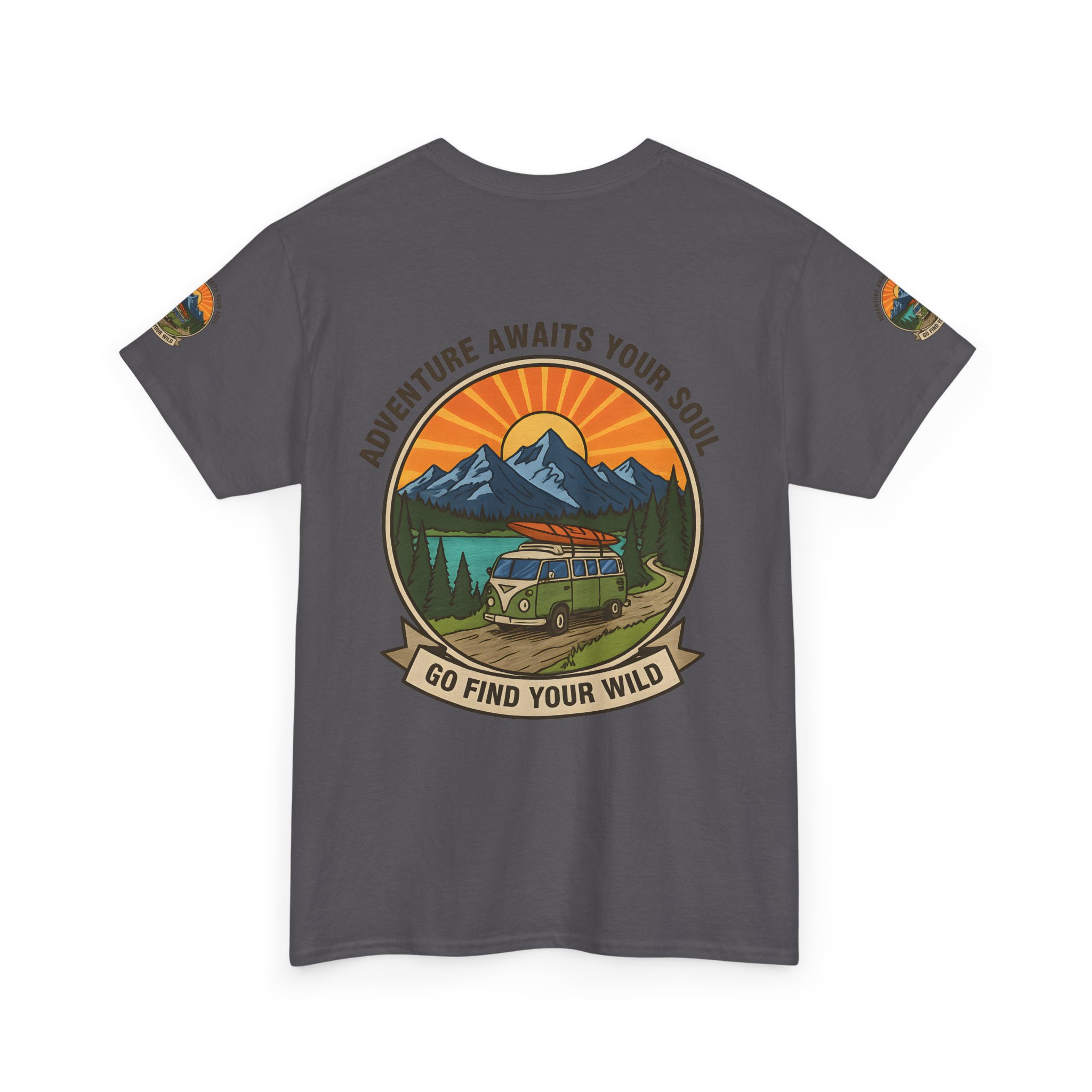 Unisex Heavy Cotton Tee — “Adventure Awaits Your Soul: Go Find Your Wild” Van & Mountain Graphic