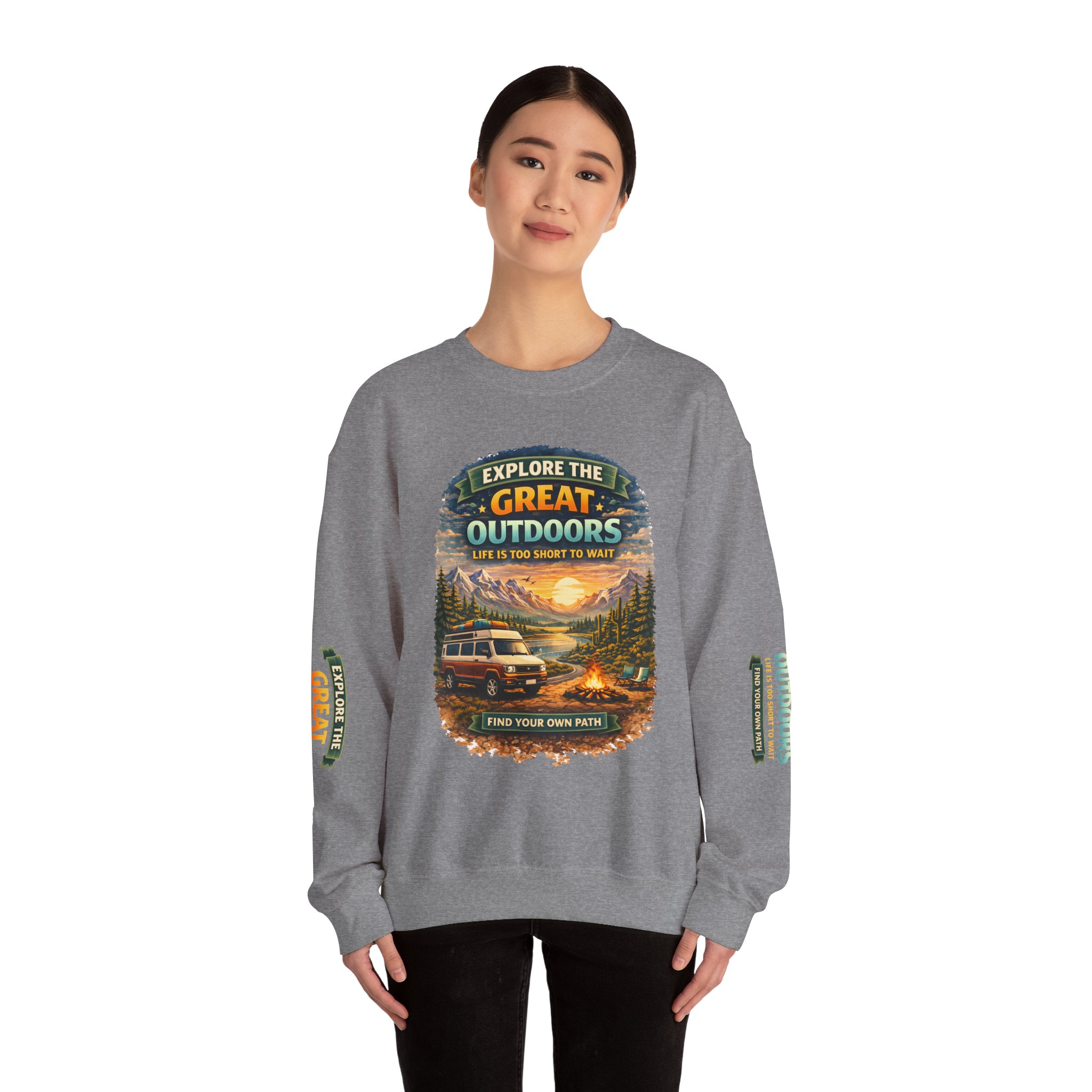 Unisex Heavy Blend™ Crewneck Sweatshirt — "Explore The Great Outdoors" Design Scenic-Line