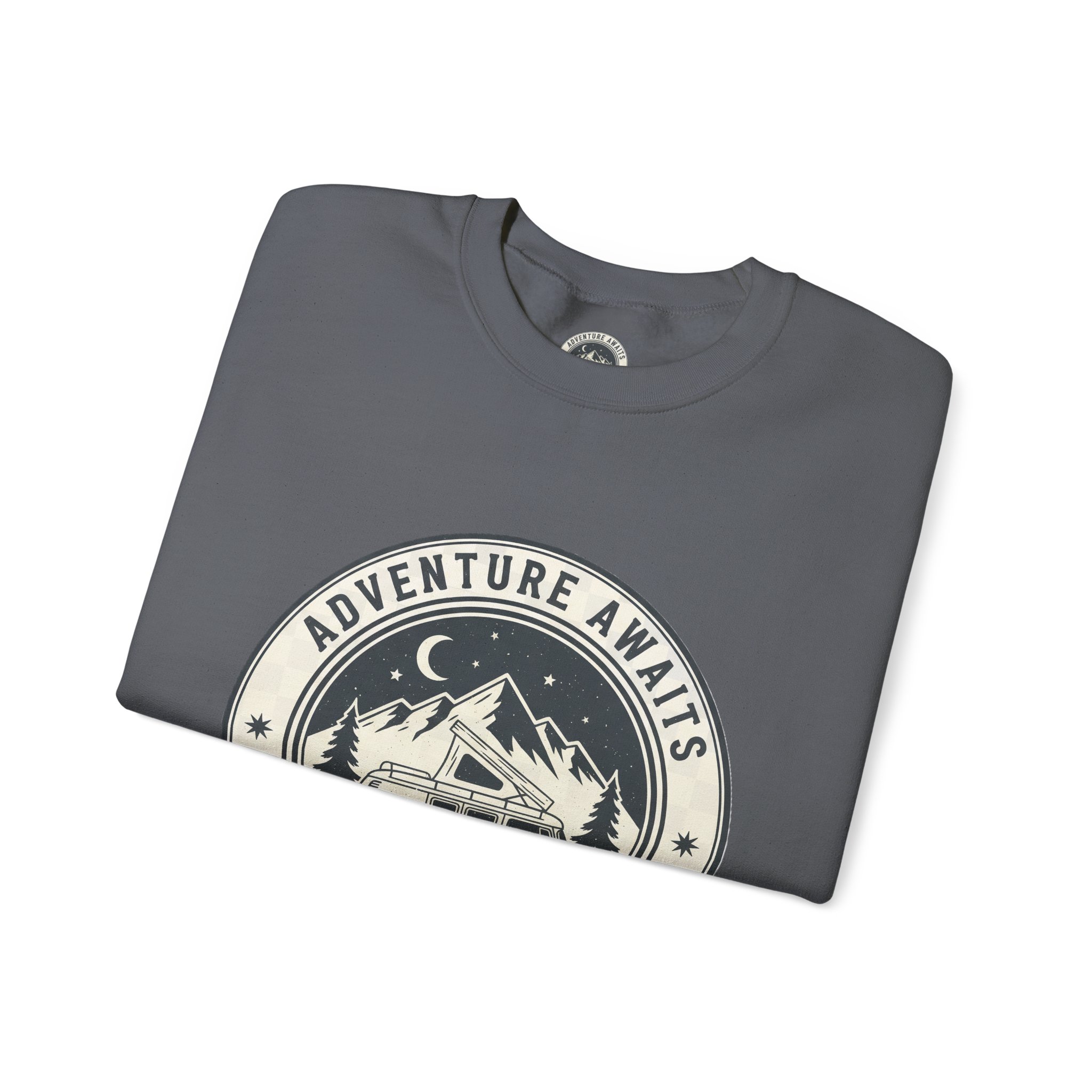 1302529667847125951_2048.jpeg Crewneck Sweatshirt — "Adventure Awaits-Go Where You Feel Most Alive" (Only Font + Back printed) Vintage Camper Van Outdoor Graphic