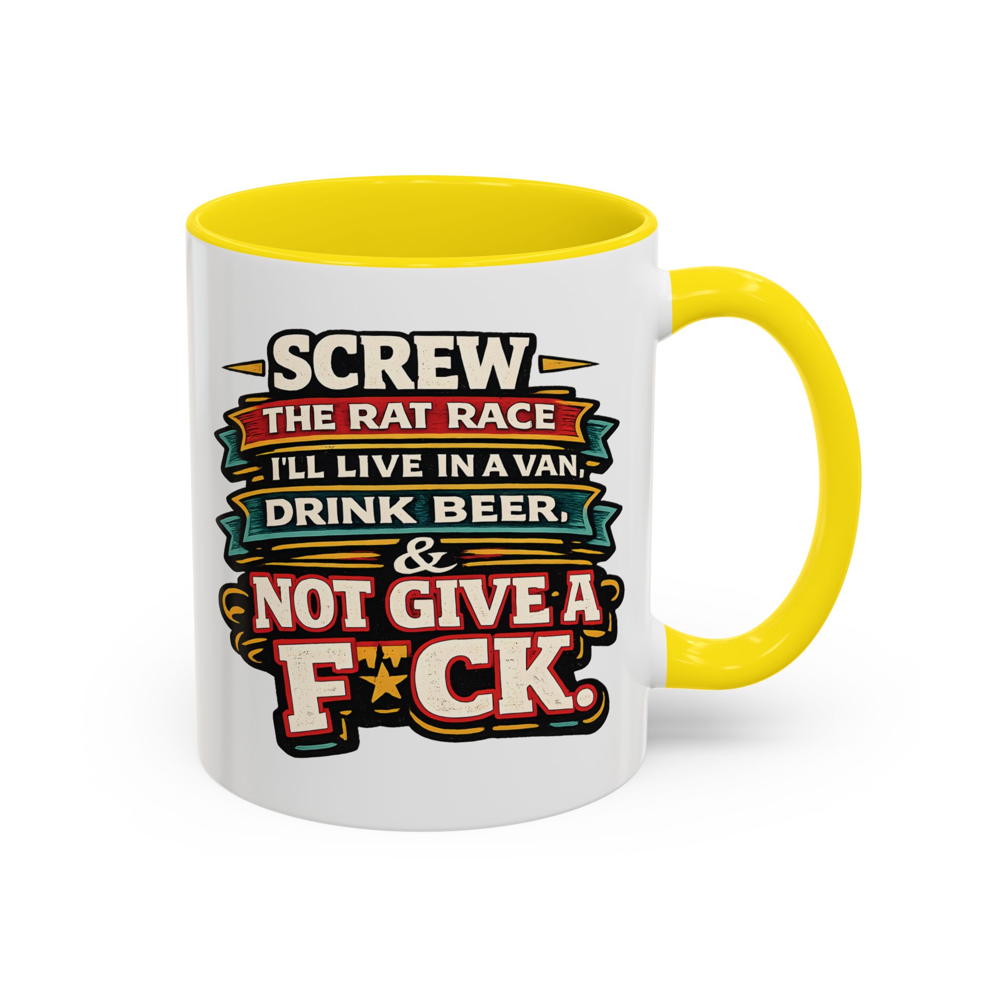 Accent Coffee Mug (11, 15oz) — "Screw The Rat Race" Design F**K-Line