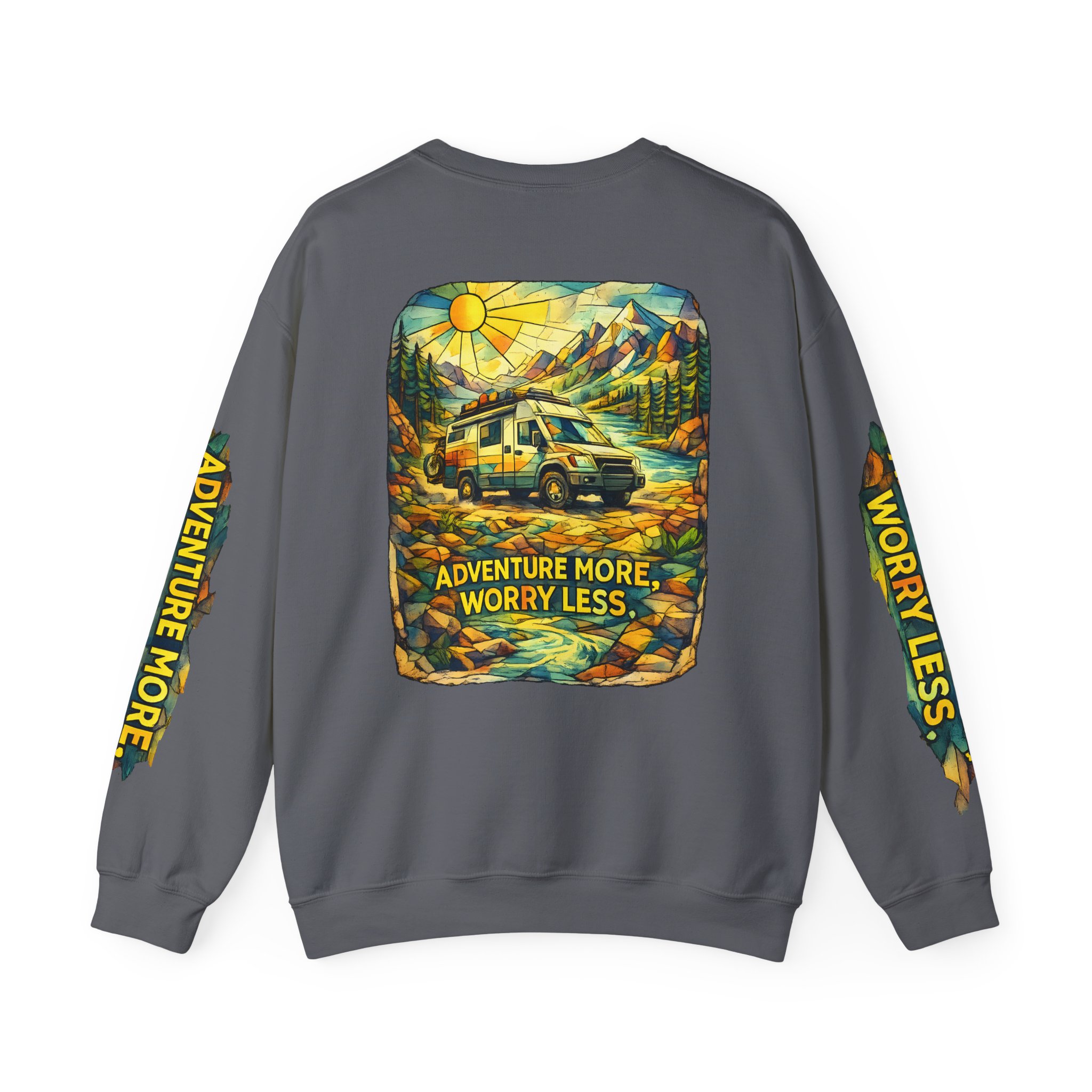 Unisex Heavy Blend™ Crewneck Sweatshirt — "Adventure More Worry Less" Design Cubic-Line