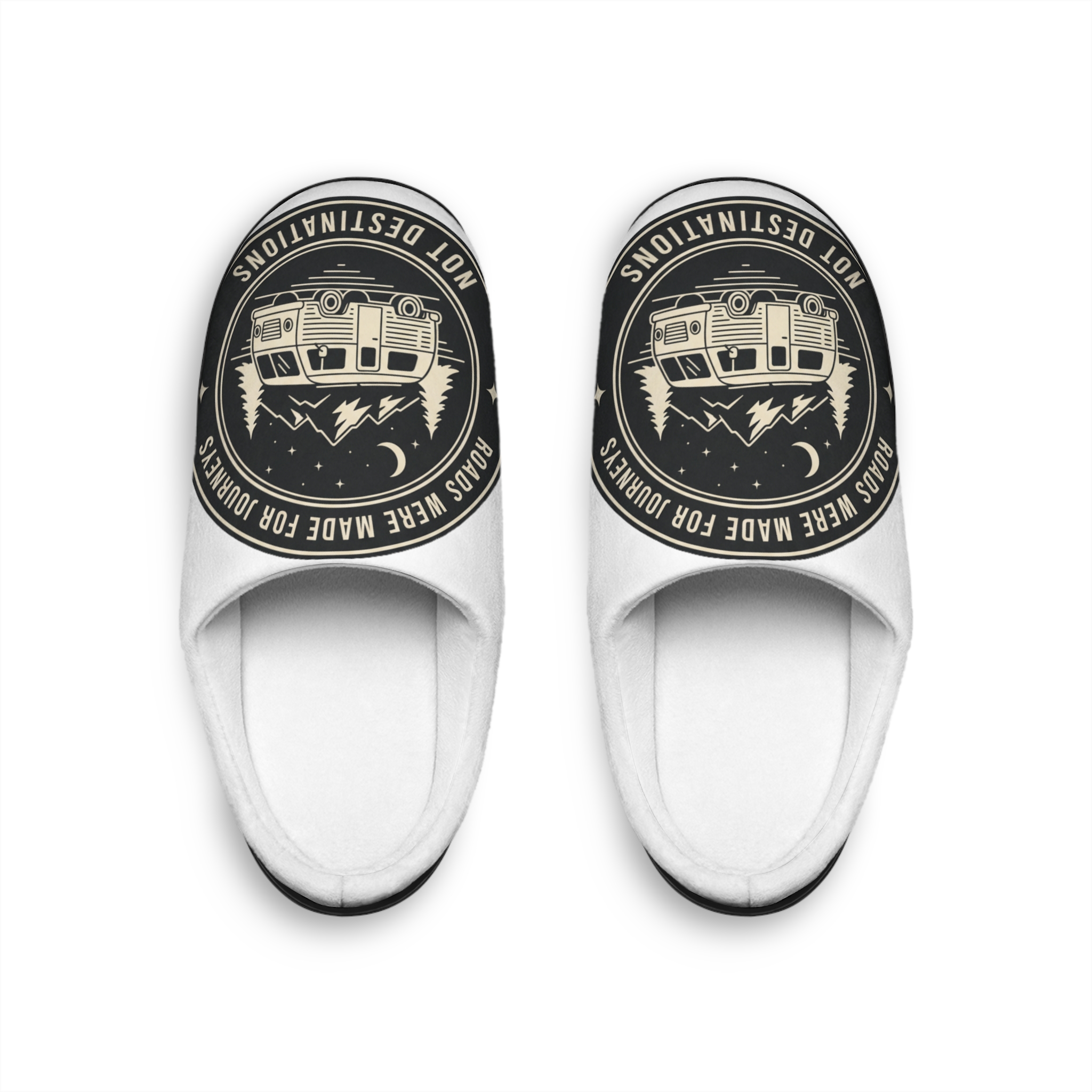 Men's Indoor Slippers — "ROAD WHERE MADE FOR JOURNEYS-NOT DESTINATIONS" Retro Camper Patch