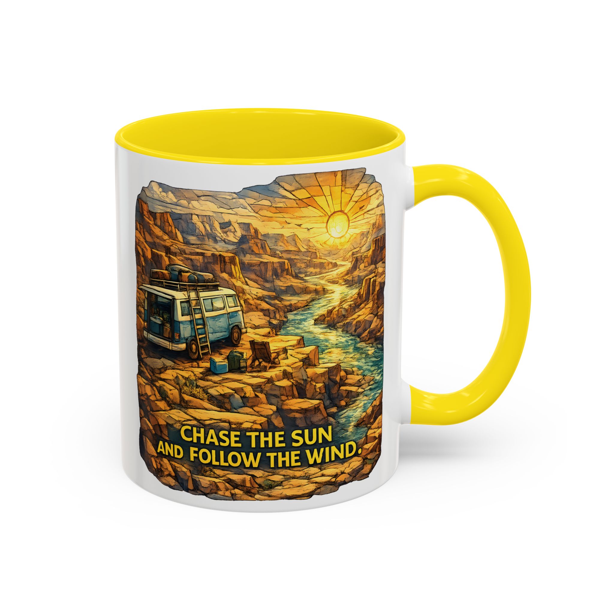 Accent Coffee Mug (11, 15oz) — "Chase The Sun And Follow The Wind" Design Cubic-Line