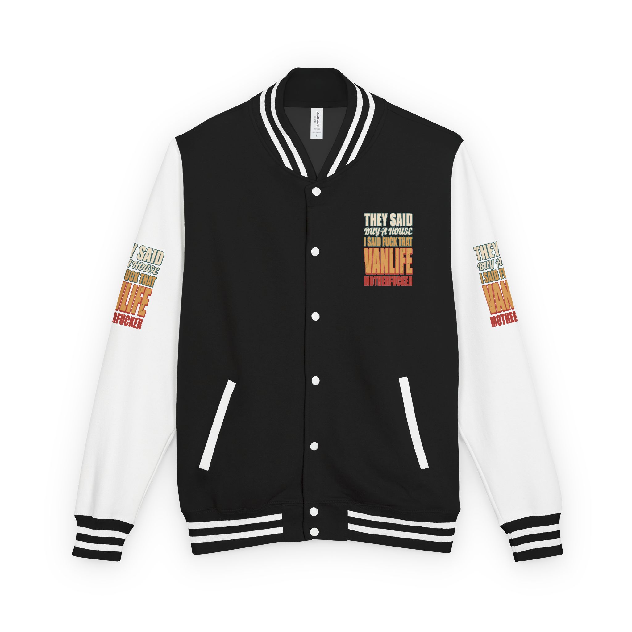 Unisex Heavyweight Letterman Jacket — "They Said Buy A House" Design F**K-Line